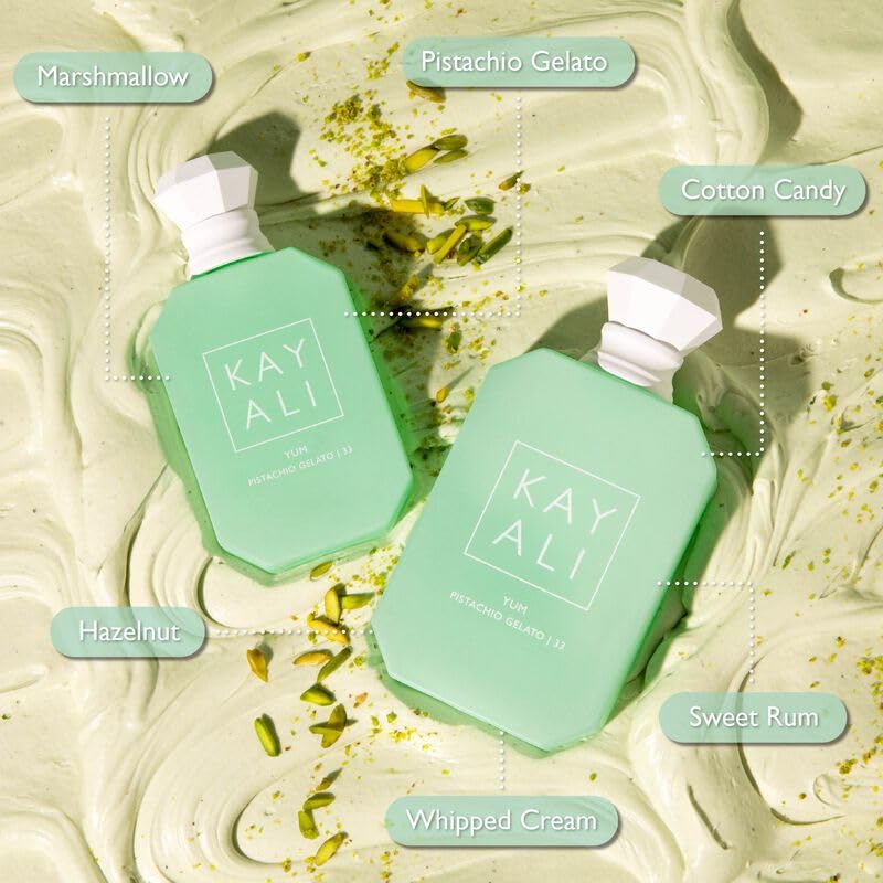 KAYALI Yum Pistachio Gelato 33 bottle in hand signals portable, everyday wear.