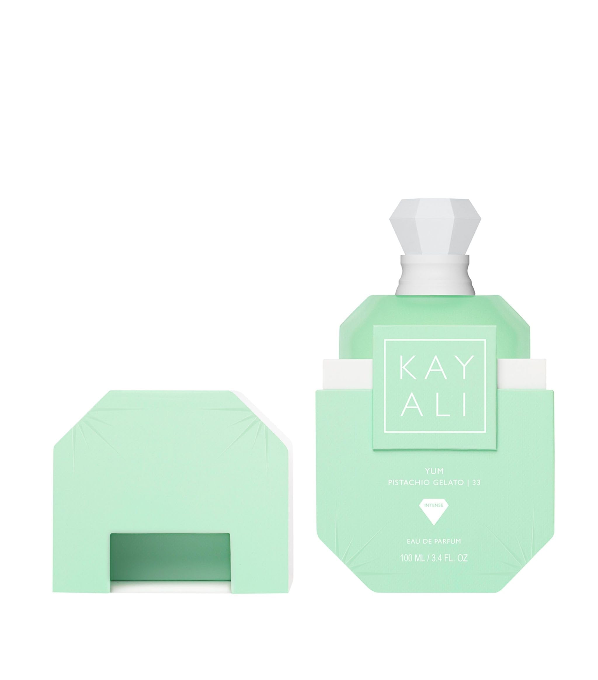 KAYALI Yum Pistachio Gelato 33 ice cream-inspired note visual adds indulgent allure.