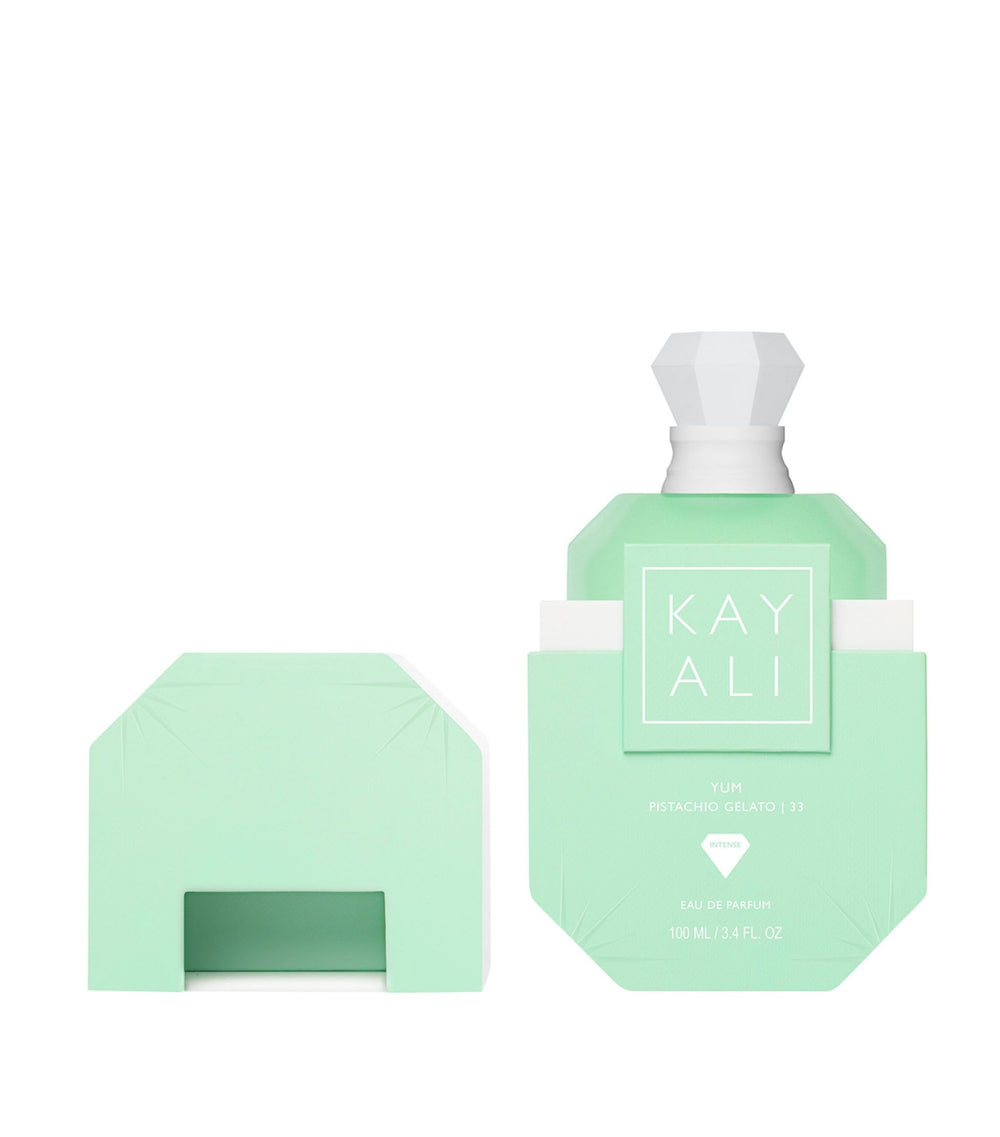 KAYALI Yum Pistachio Gelato 33 ice cream-inspired note visual adds indulgent allure.
