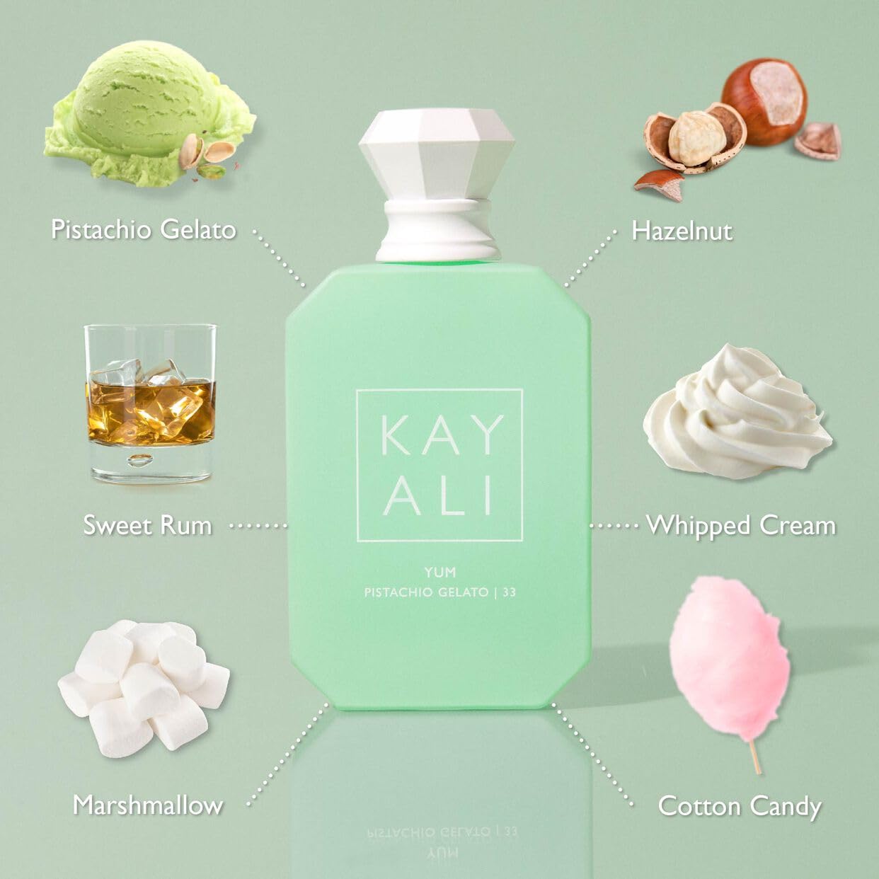 KAYALI Yum Pistachio Gelato 33 spray mist shows long-lasting, inviting gourmand aroma.