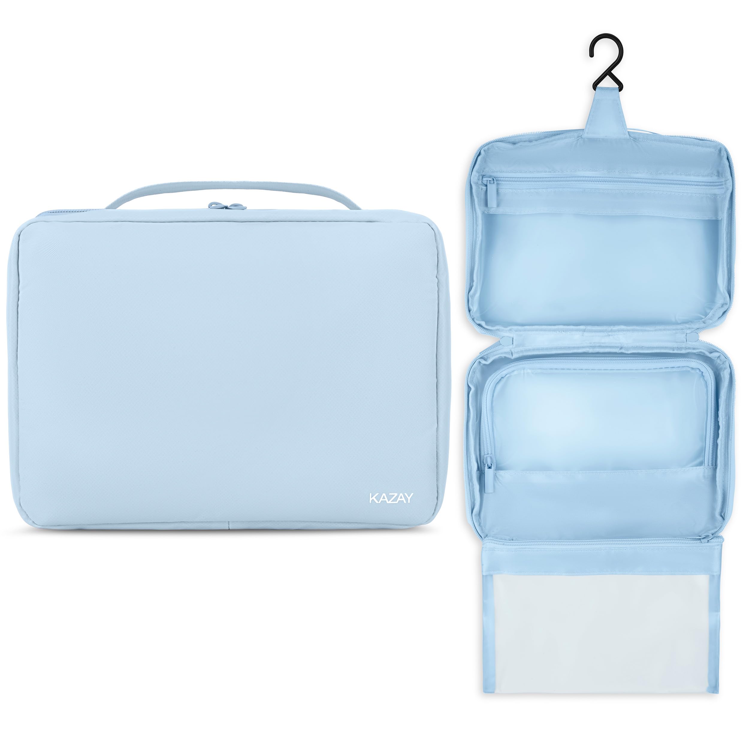 KAZAY hanging toiletry bag in light blue offering portable organization for travel