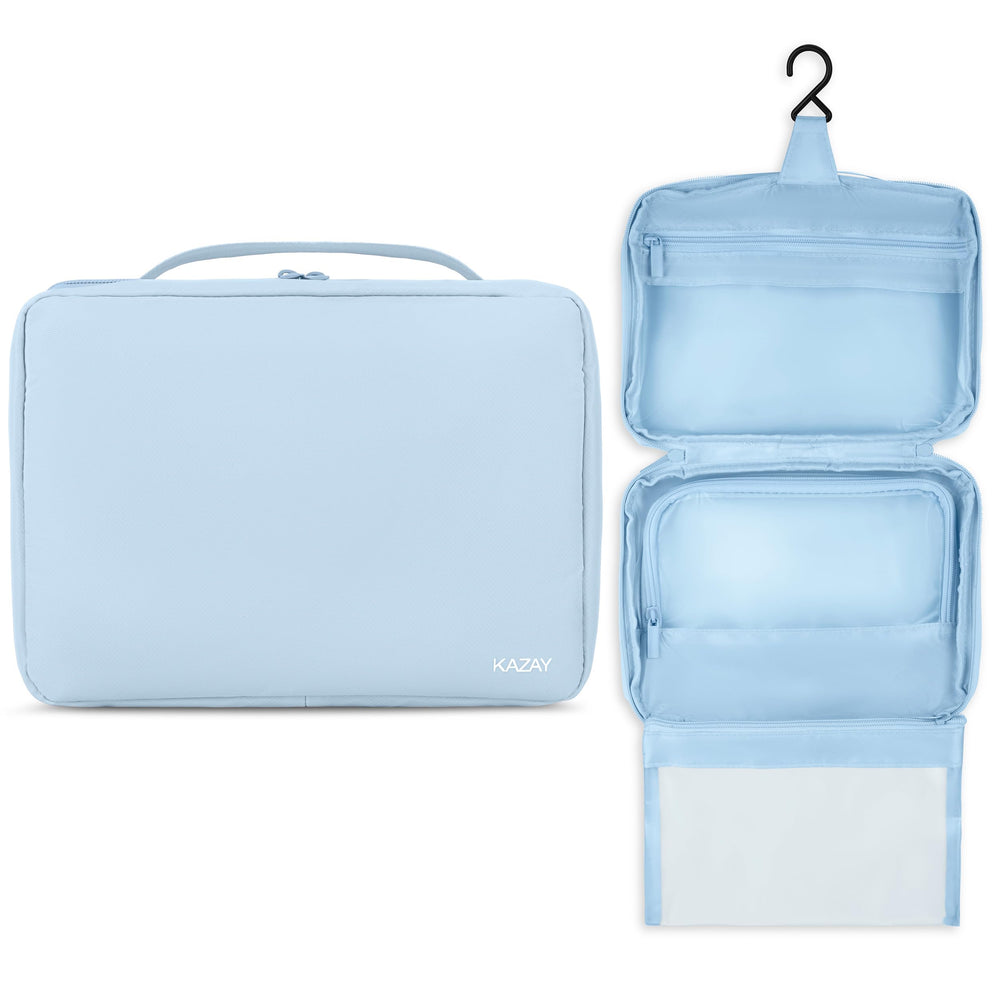 KAZAY hanging toiletry bag in light blue offering portable organization for travel