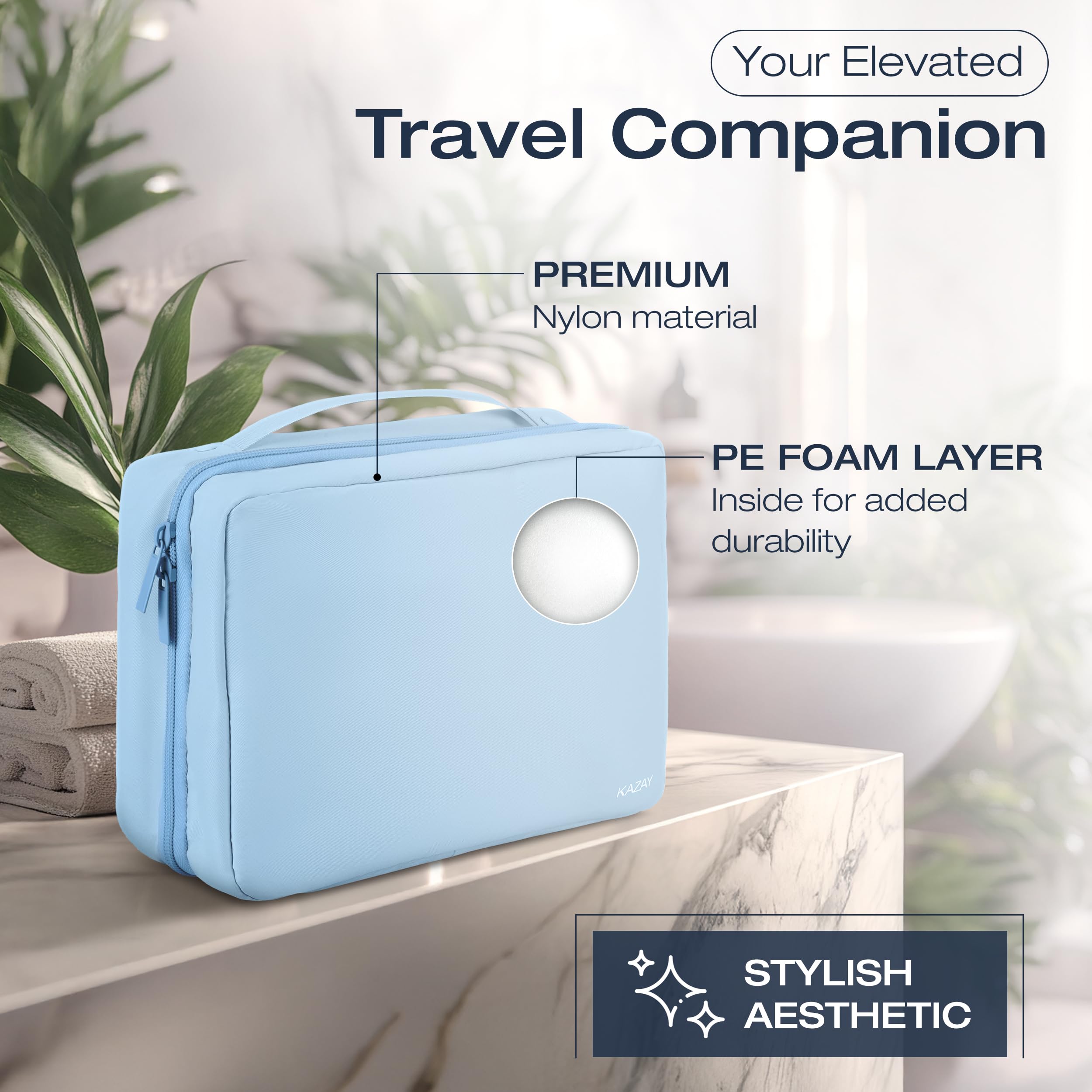 KAZAY water-resistant nylon bag protects cosmetics in wet travel environments