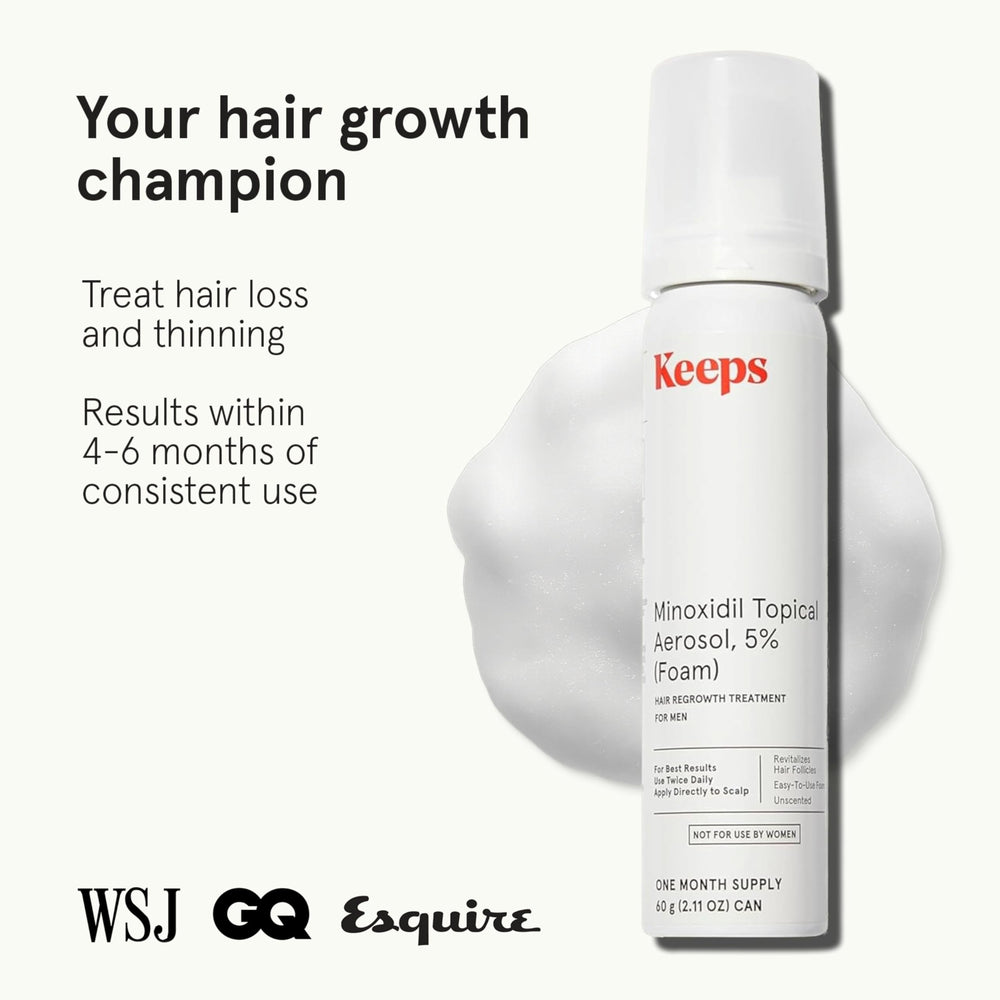 Keeps 5% Minoxidil Foam three-month supply with bottles displayed.
