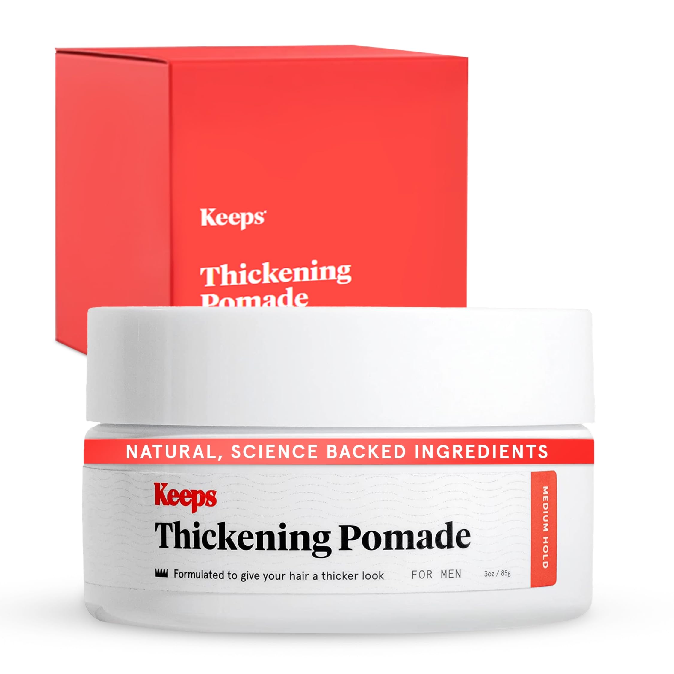 Keeps Matte Thickening Pomade bottle closeup for fuller look