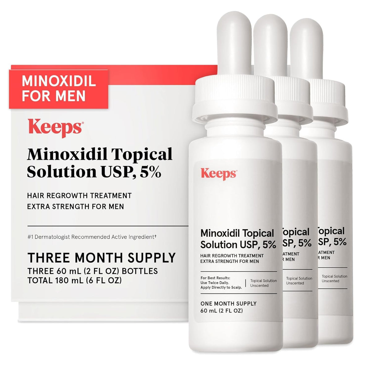Keeps minoxidil 5% crown application showing targeted scalp treatment for thinning areas.