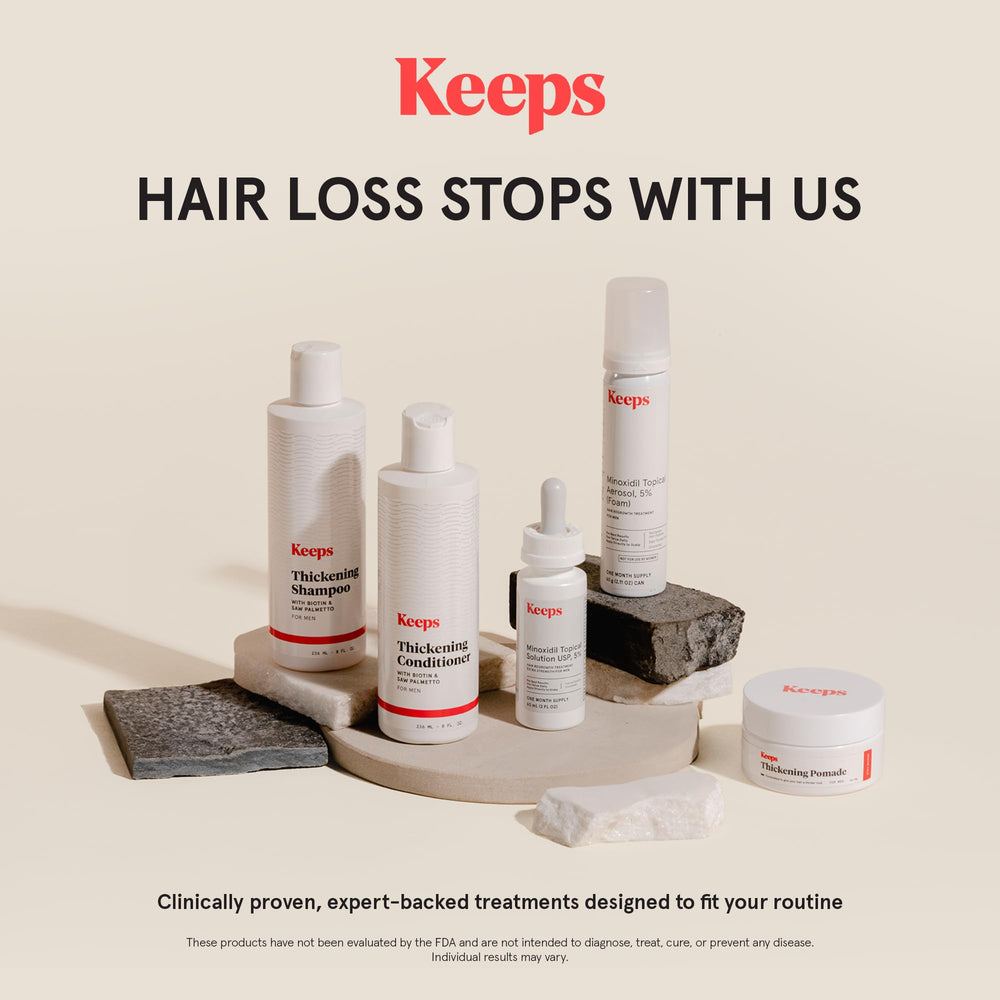 Keeps minoxidil bottle closeup presents premium packaging for daily scalp application.