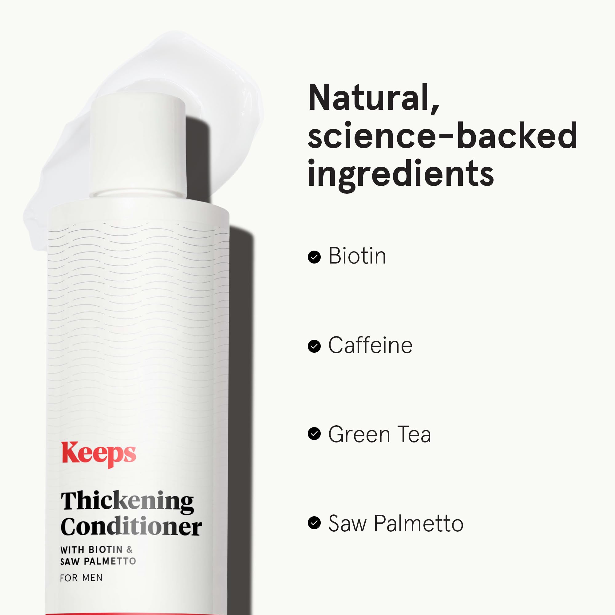 Keeps thickening conditioner with Minoxidil in routine close-up view.