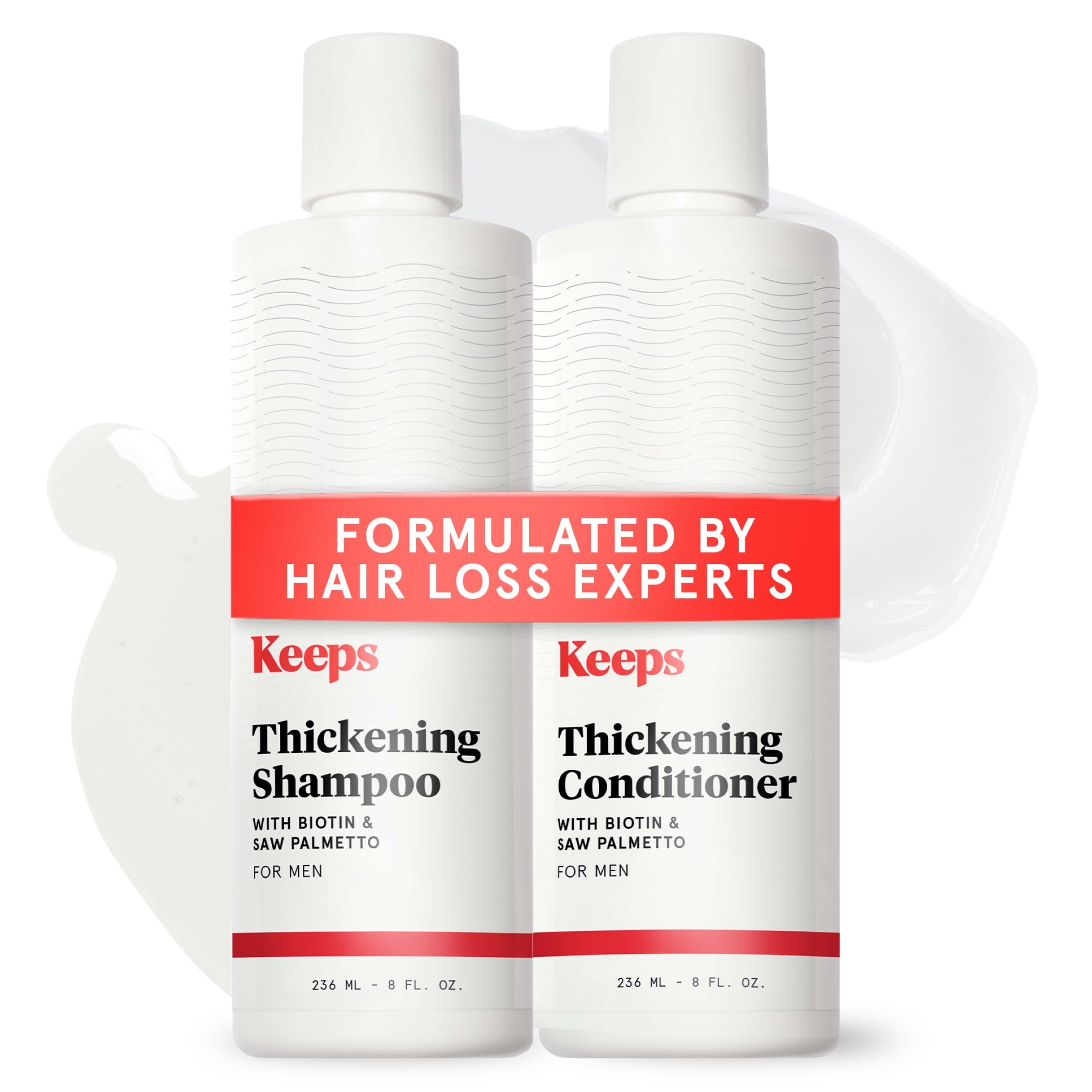 Keeps thickening shampoo bottle demonstrates fuller-looking hair after use.