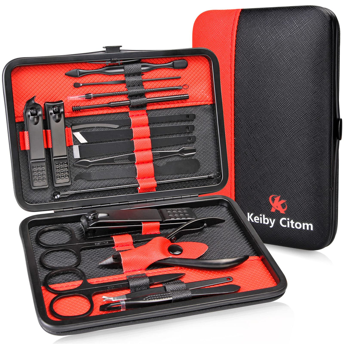 Keiby Citom manicure set red case close-up highlighting premium stainless steel tools for travel