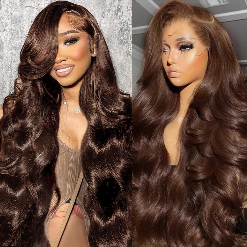 KEKEYY 28-inch chocolate brown lace front wig modeled for a natural look