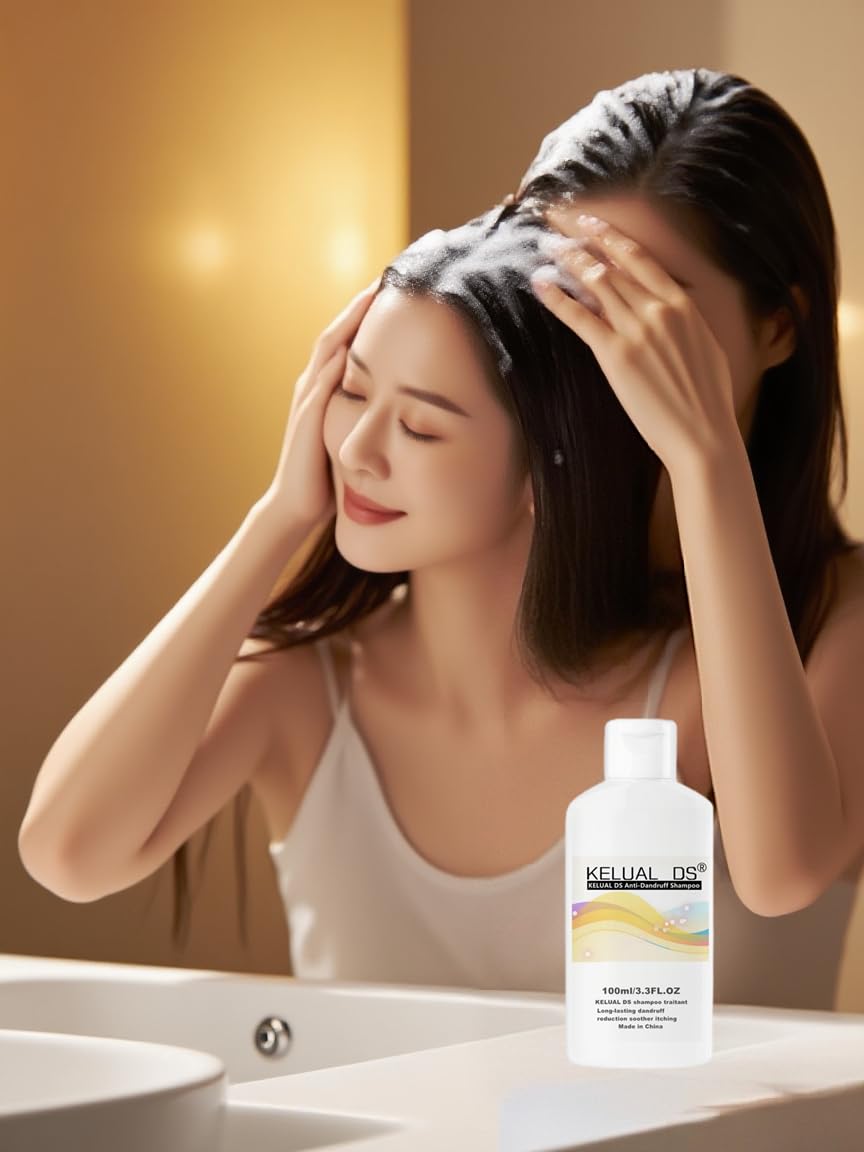 KELUAL DS anti-dandruff shampoo on sink suggesting quick relief possibilities.