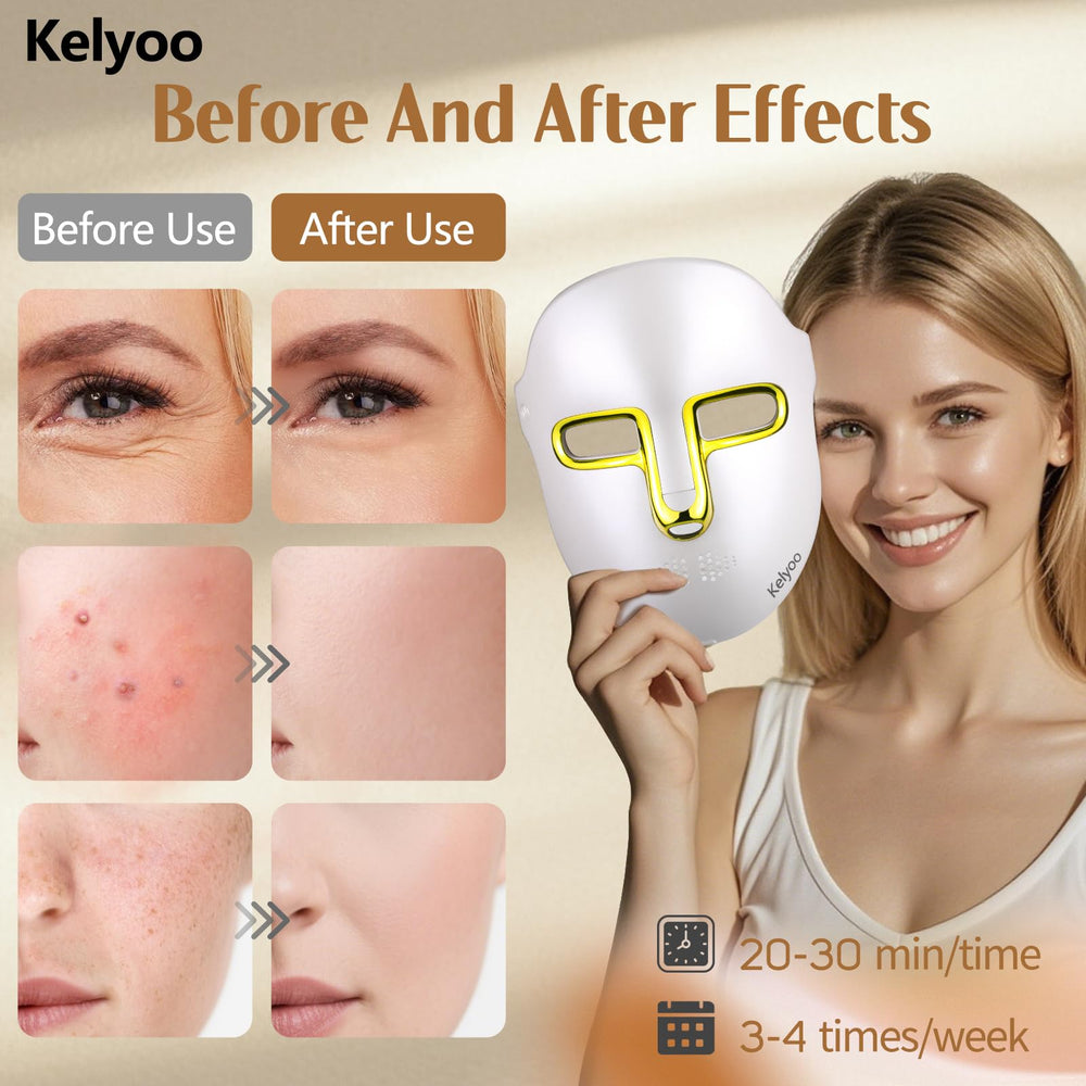 Kelyoo LED face mask therapy modes display highlighting red blue light options.