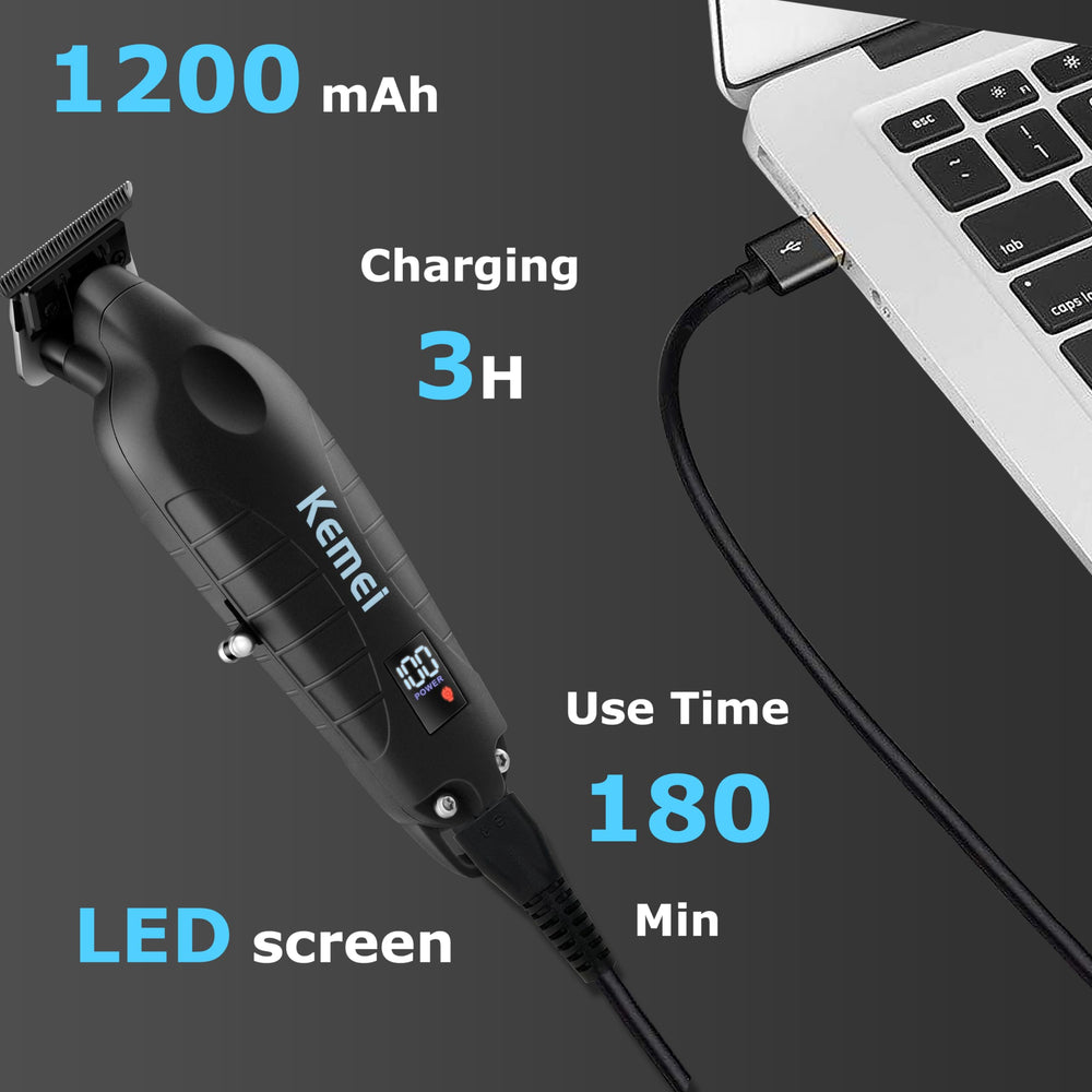 KEMEI 2293 LED display showing battery level and charge alerts.