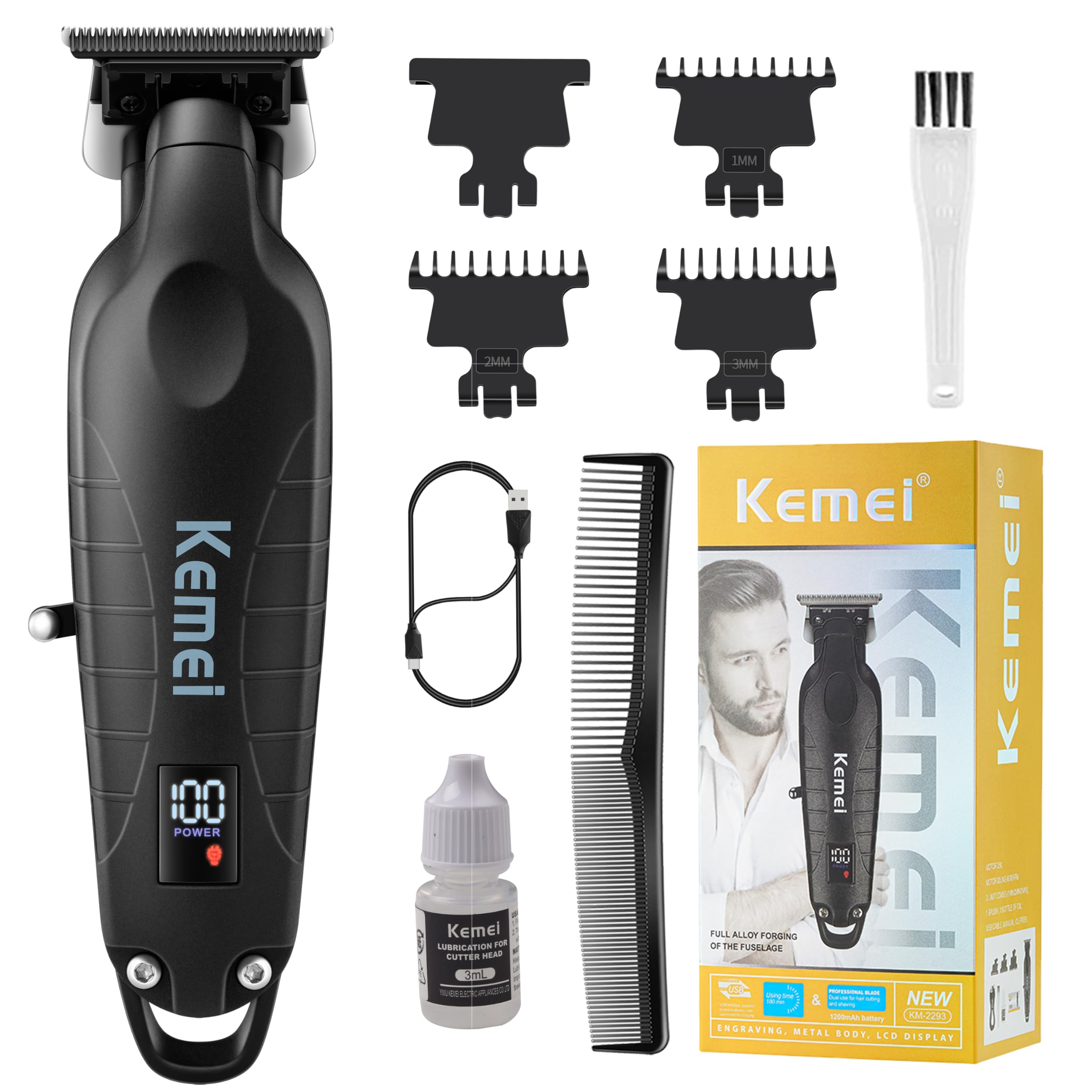 KEMEI 2293 zero-gapped T-blade close-up for precise beard and body trimming.