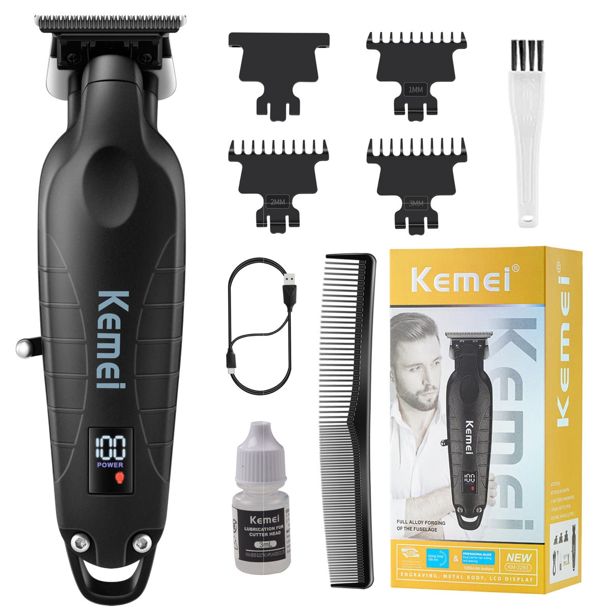 KEMEI 2293 zero-gapped T-blade close-up for precise beard and body trimming.