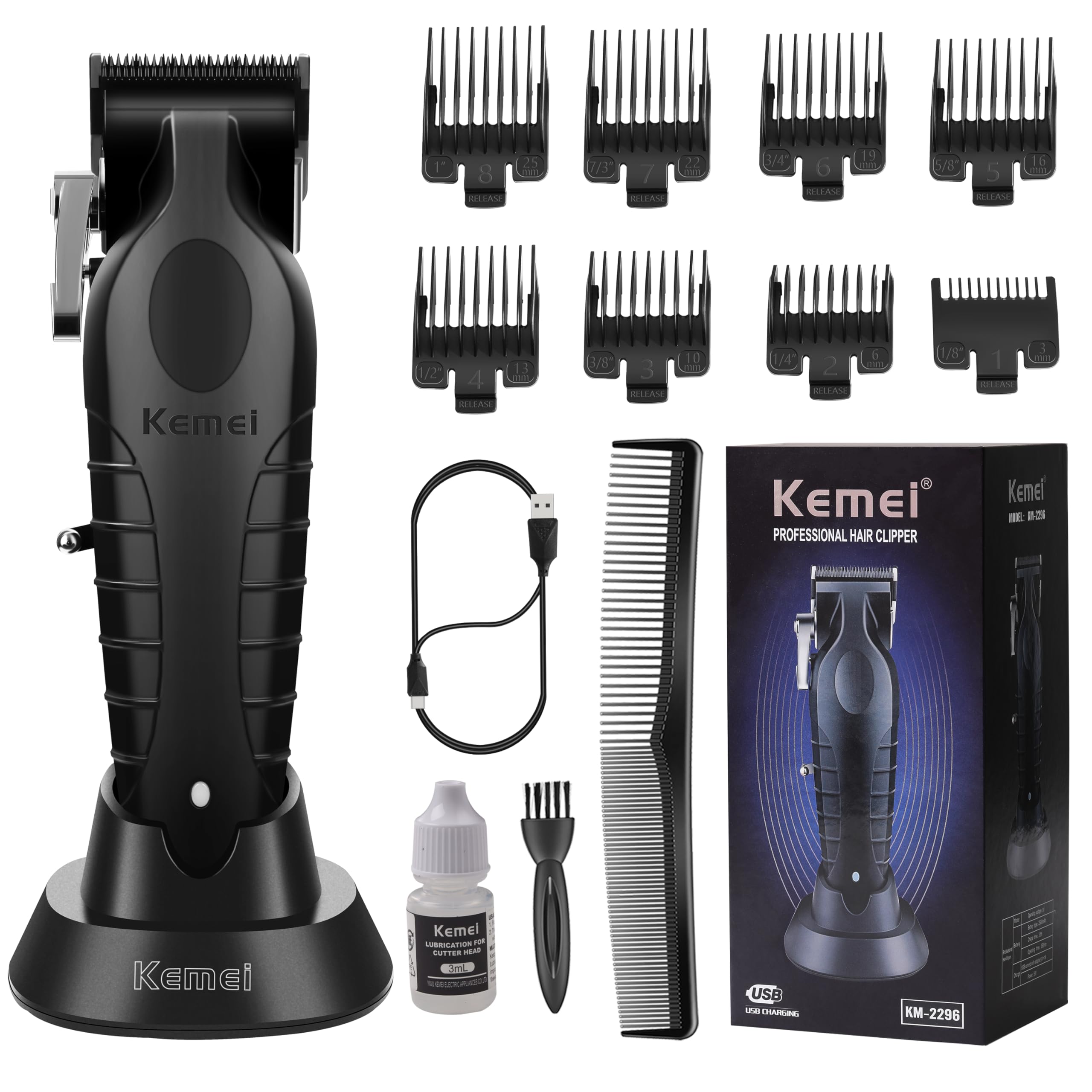 KEMEI 2296 clippers front view highlighting cordless flexibility for precise at-home grooming.