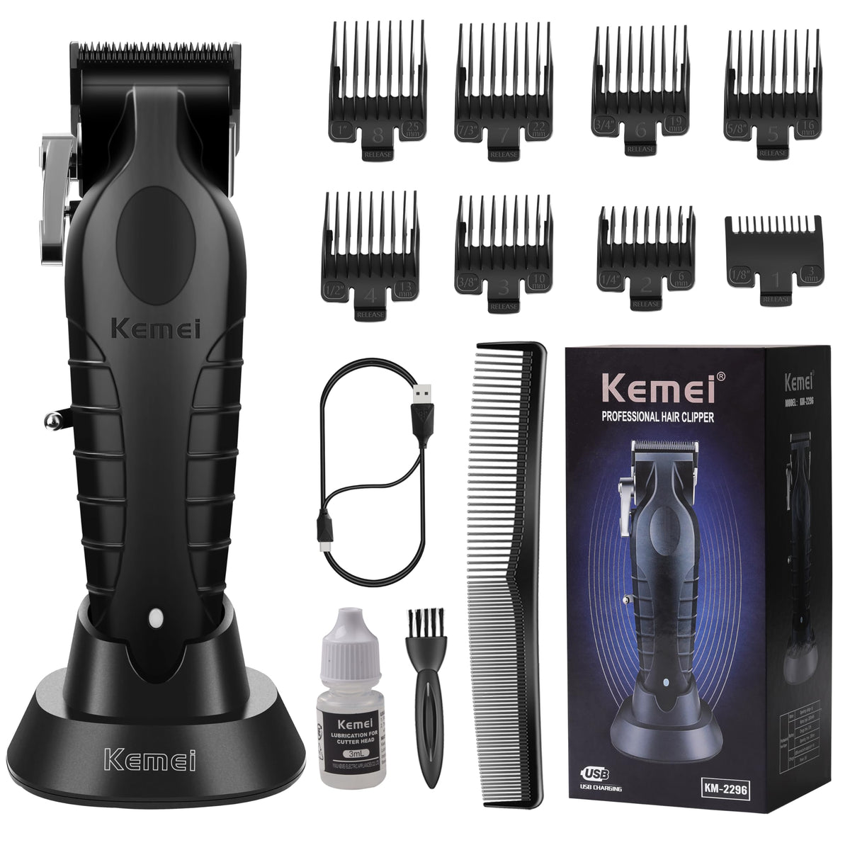 KEMEI 2296 clippers front view highlighting cordless flexibility for precise at-home grooming.