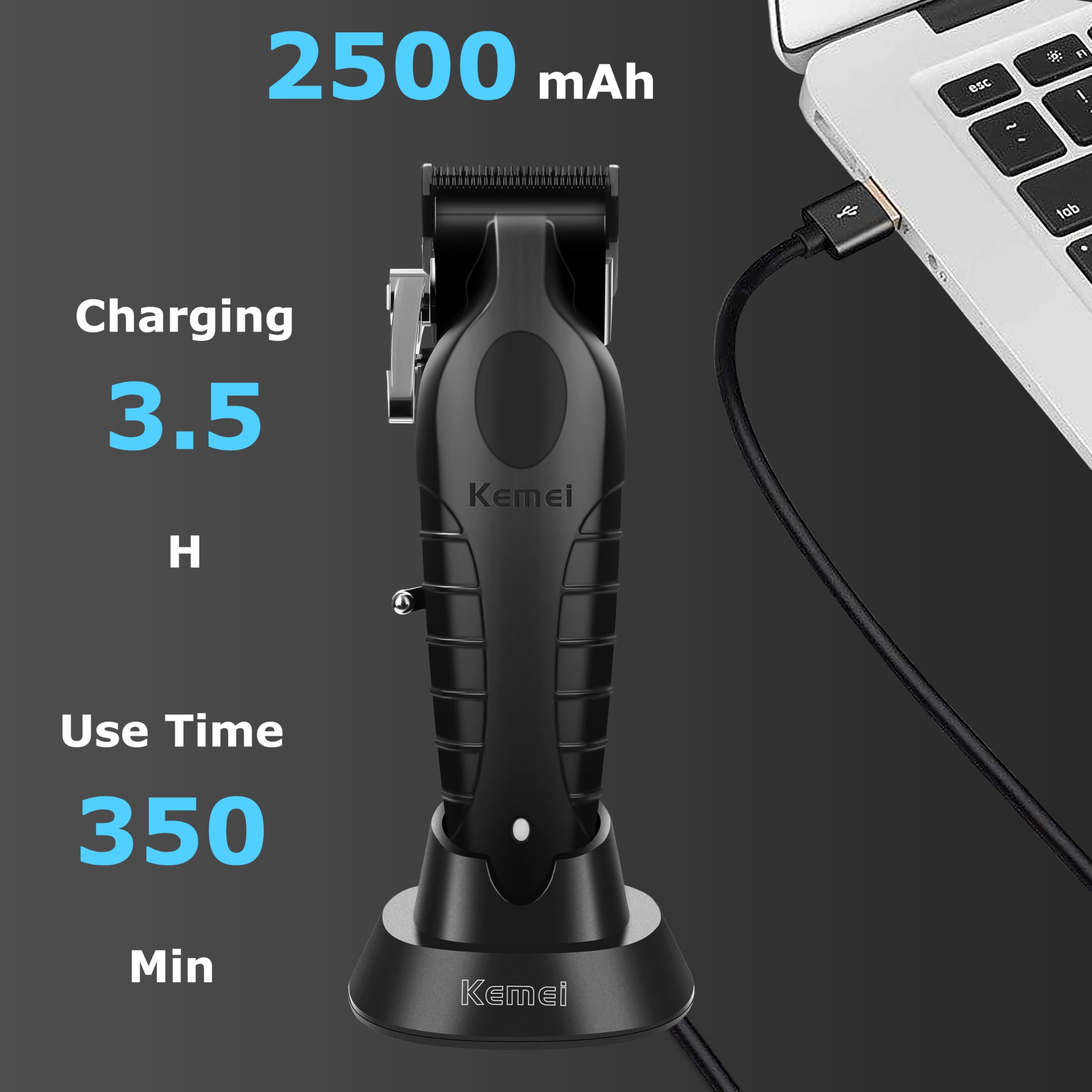 KEMEI 2296 USB charging base enables easy recharge at home or travel.