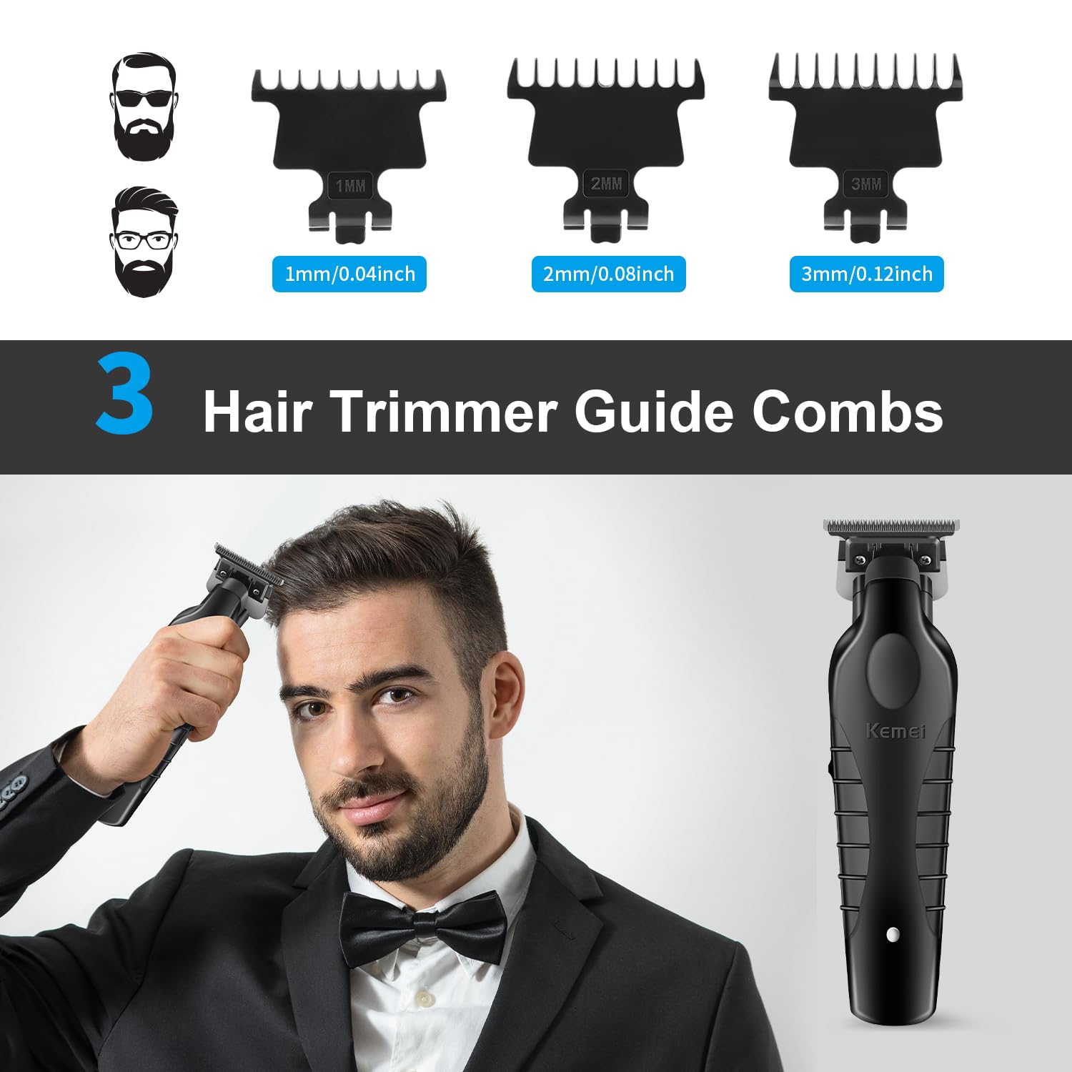 KEMEI 2299 trimmer zero-gap blade closeup for clean necklines.