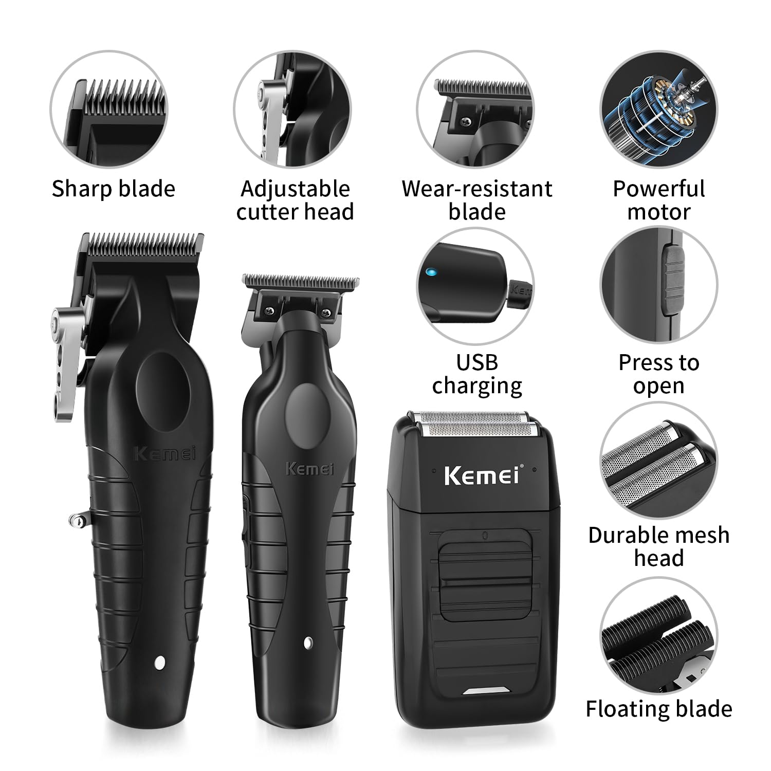 KEMEI cordless barber clipper in hand for mobile grooming.