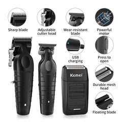 KEMEI cordless barber clipper in hand for mobile grooming.
