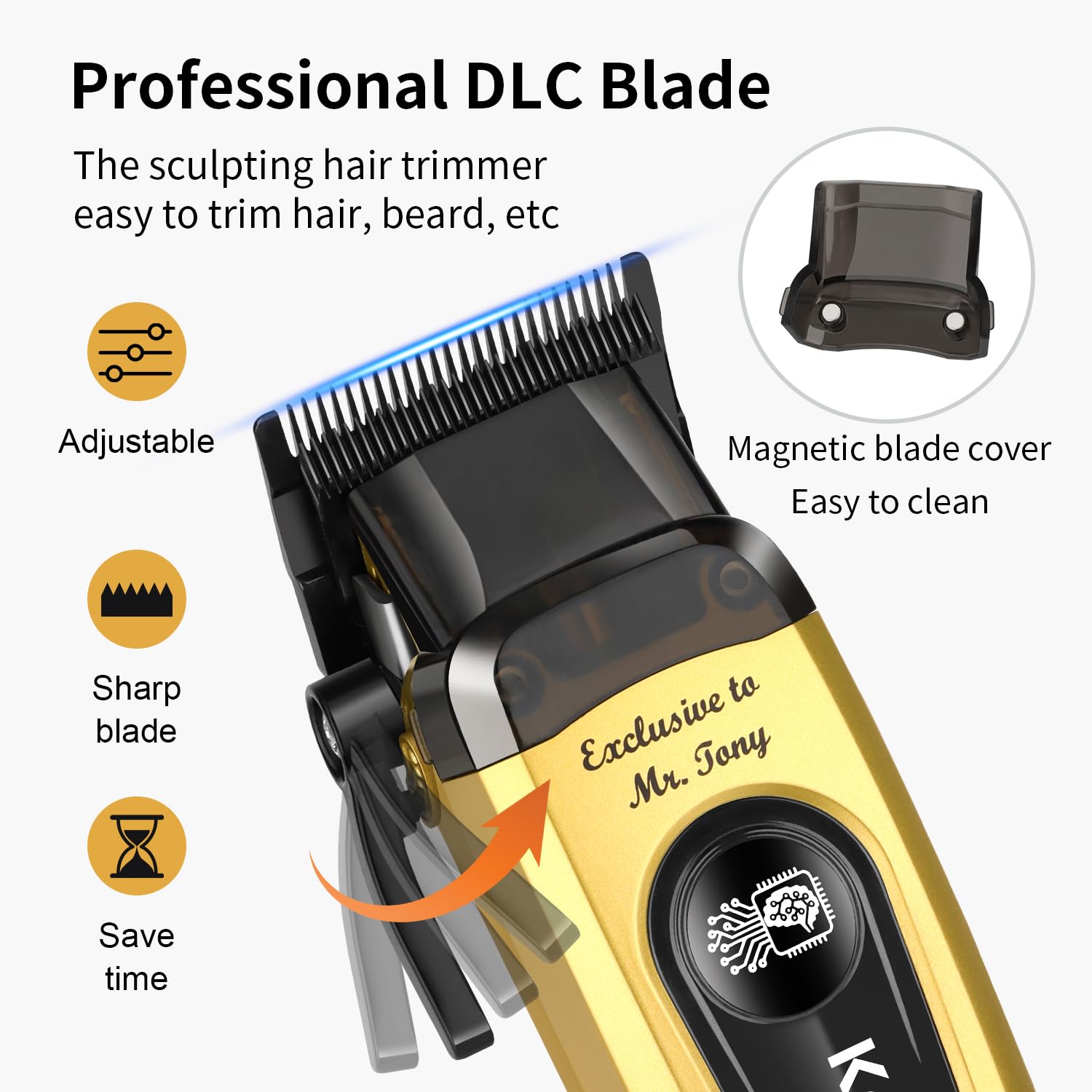 KEMEI KM-90-4 DLC blade close-up highlights precision and cooler operation during trims