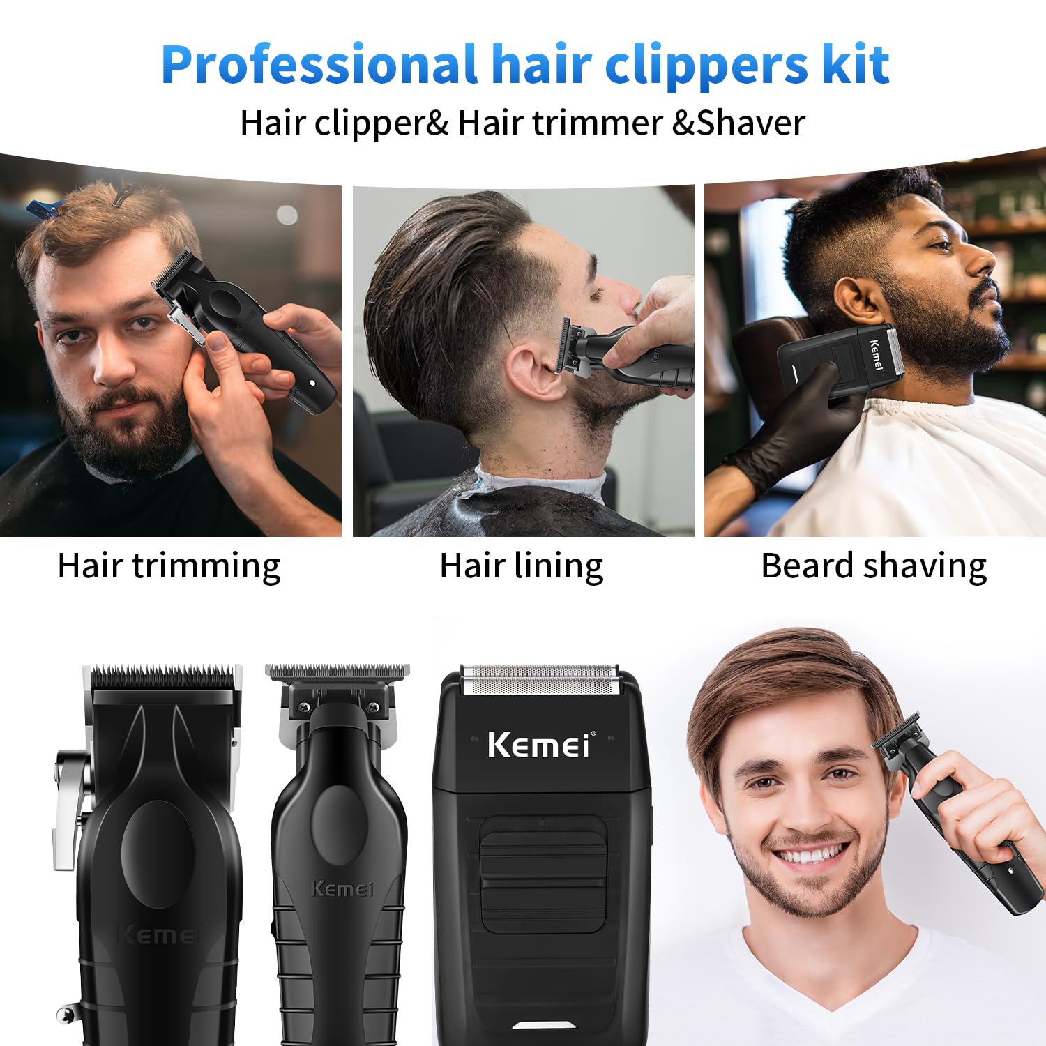 KEMEI storage bag and cape included for tidy home barber setup.
