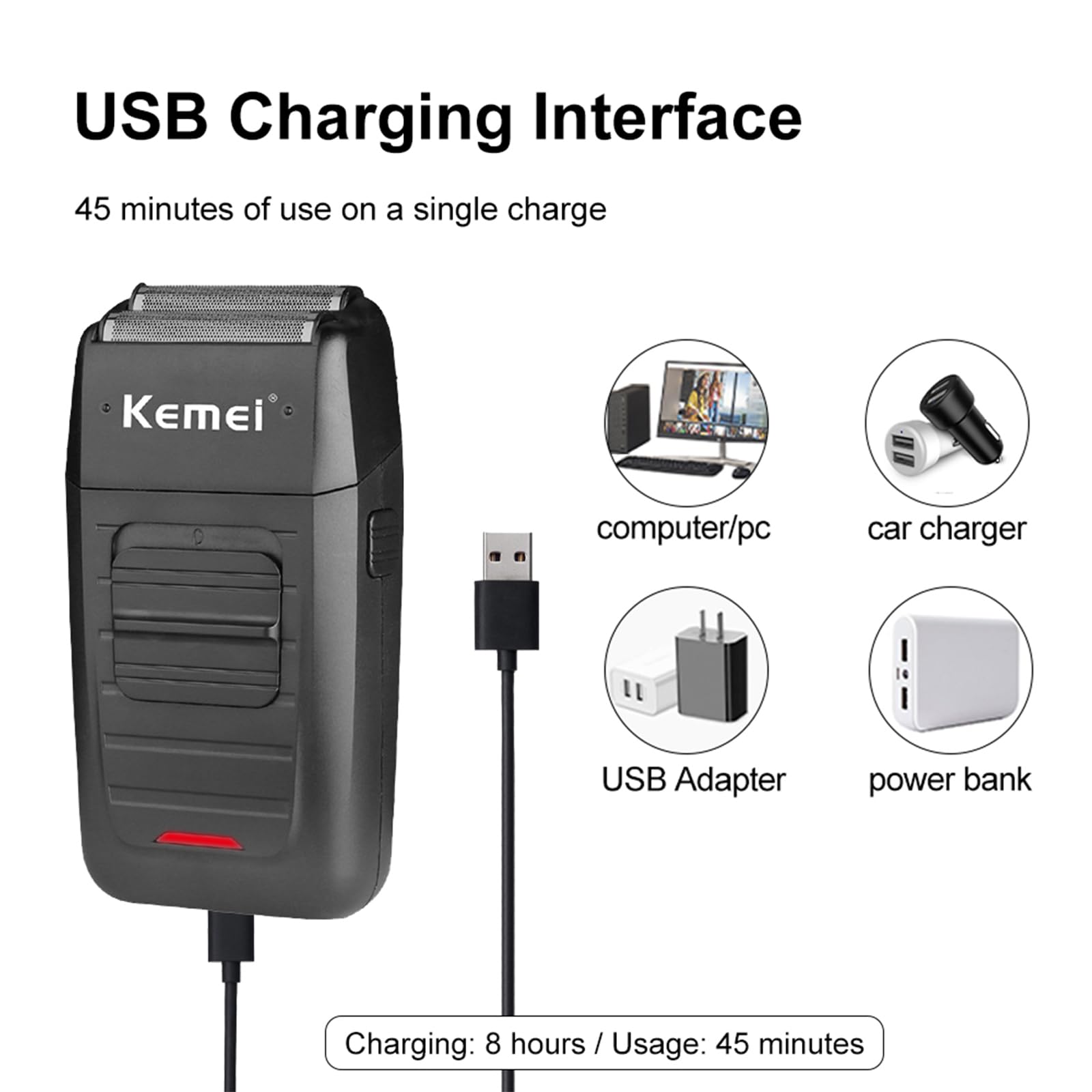 KEMEI USB charging setup with adapter for quick recharges.