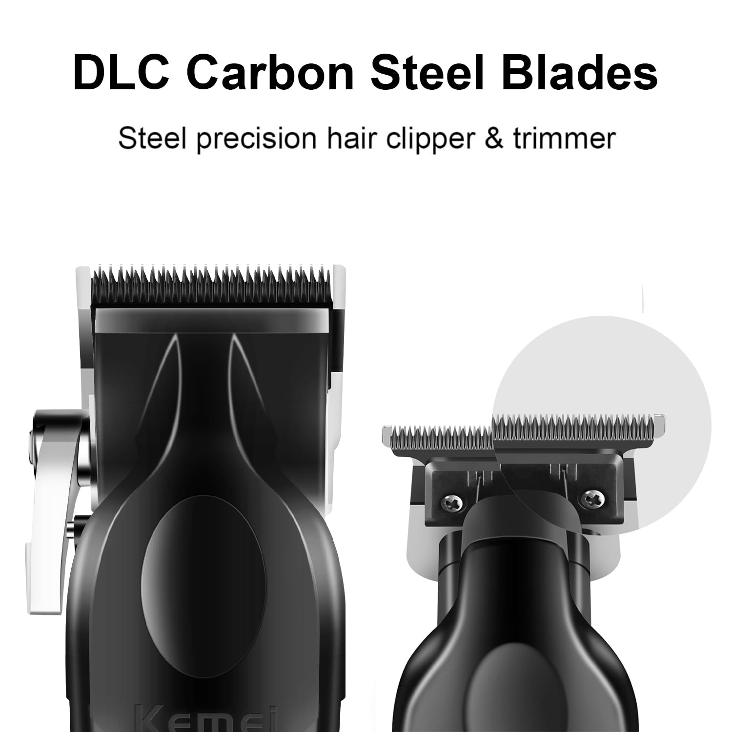 KEMEI zero-gap trimmer around neckline and beard detail close-up.