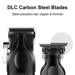 KEMEI zero-gap trimmer around neckline and beard detail close-up.