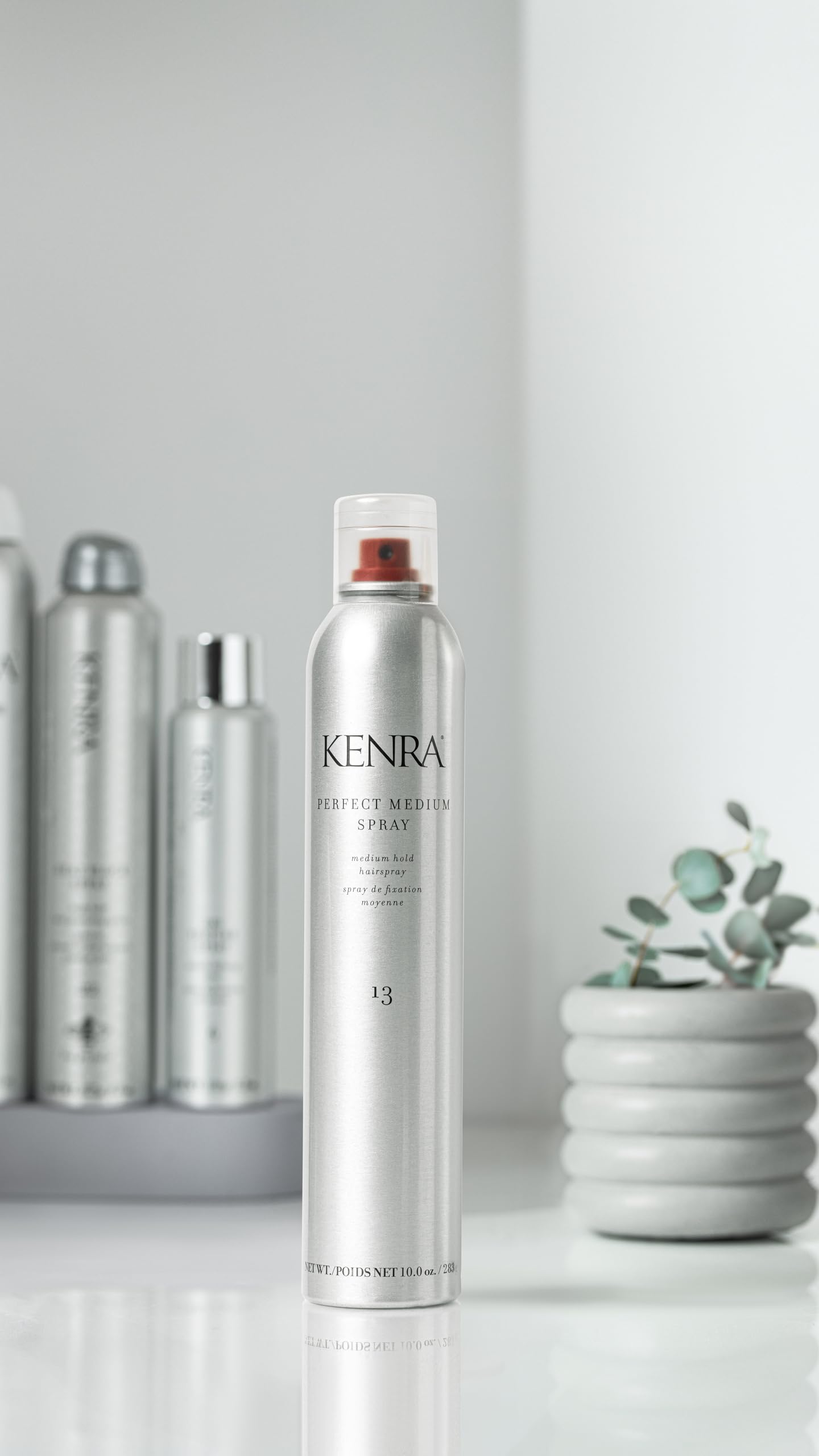Kenra Perfect Medium Spray quick-dry formulation image highlights fast styling results.