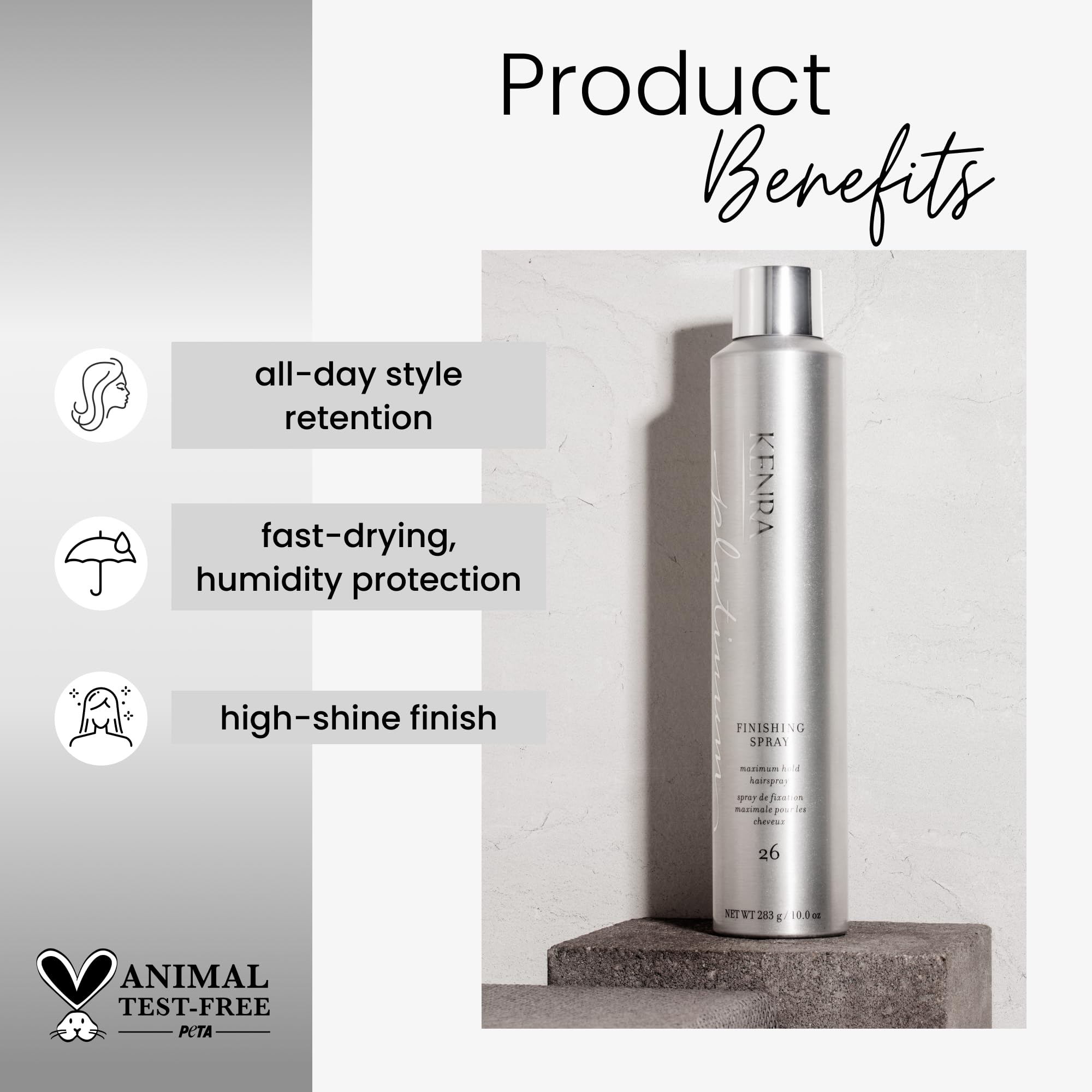 Kenra Platinum Finishing Spray fast-drying bottle for quick set and easy styling.