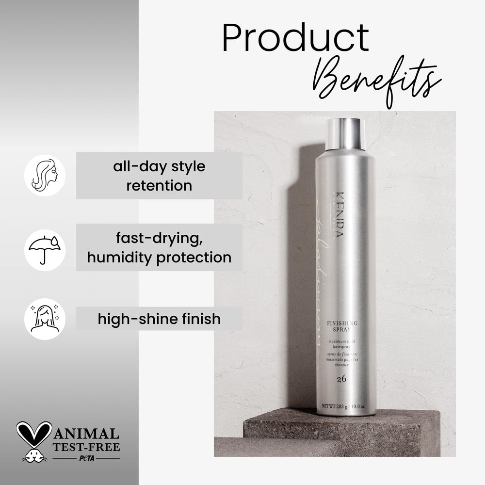 Kenra Platinum Finishing Spray fast-drying bottle for quick set and easy styling.