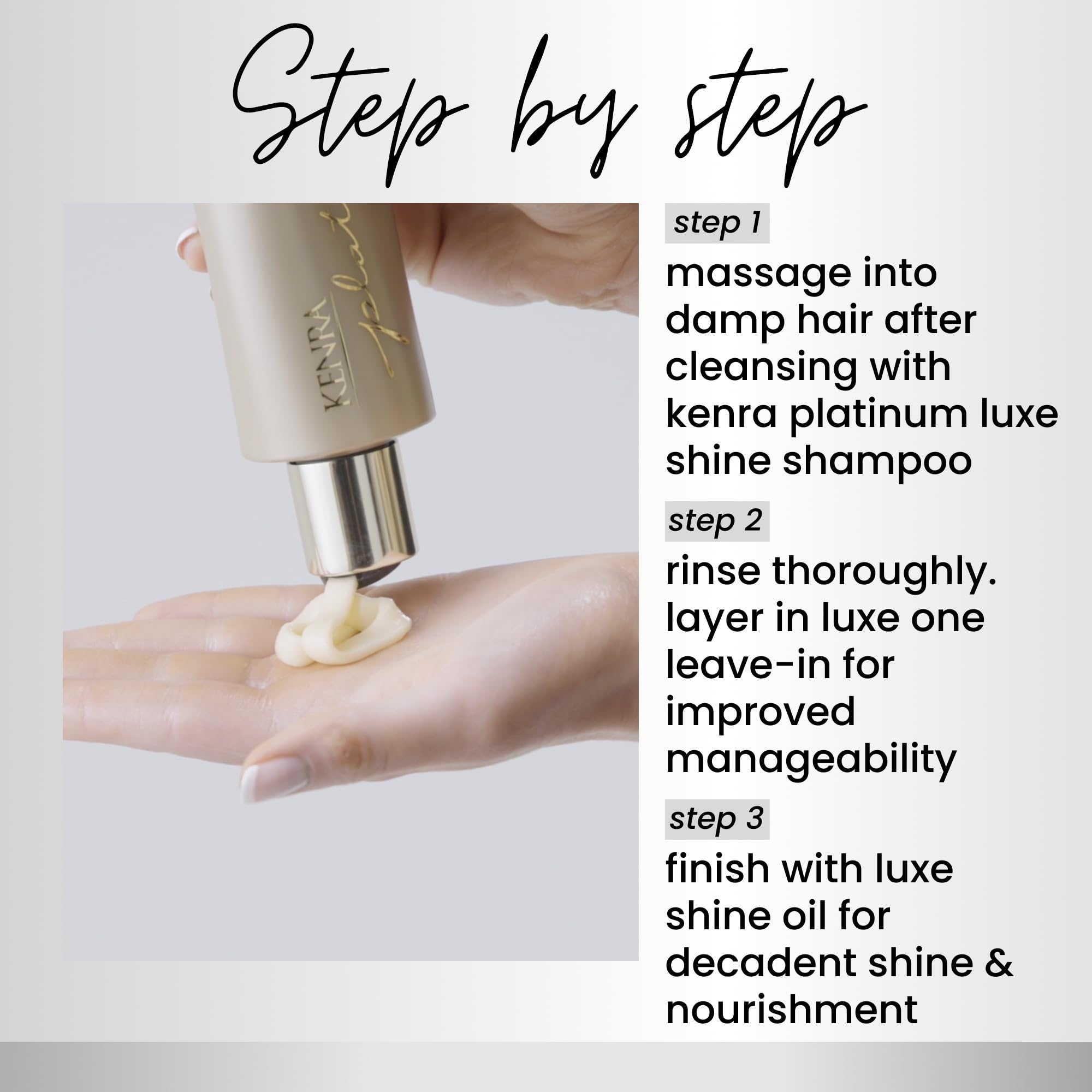 Kenra Platinum Luxe Shine bottle label close-up highlighting gold-infused formula