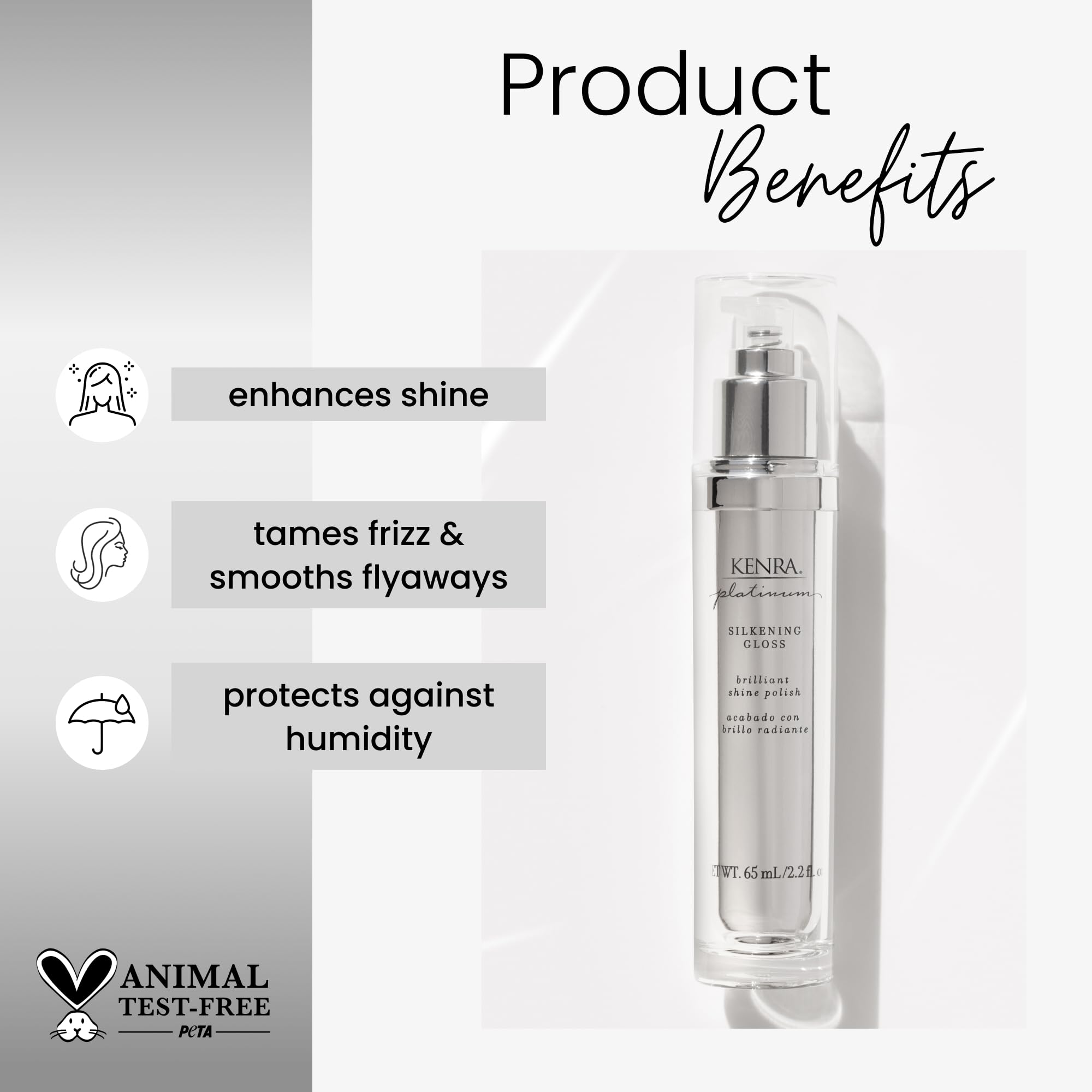 Kenra Platinum Silkening Gloss frizz control close-up for smoother hair.
