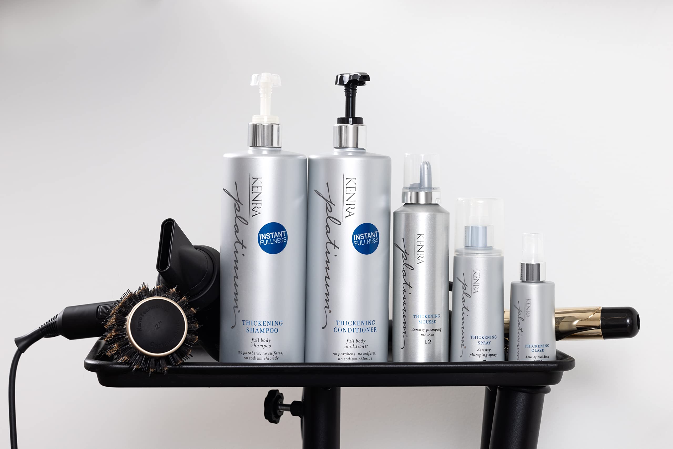 Kenra Platinum Thickening Conditioner application shows detangling and body.