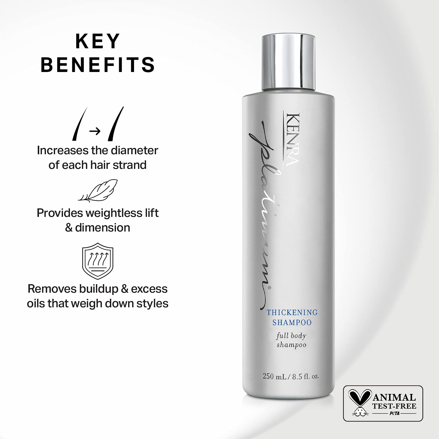 Kenra Platinum Thickening Conditioner bottle pour highlights fullness and shine.