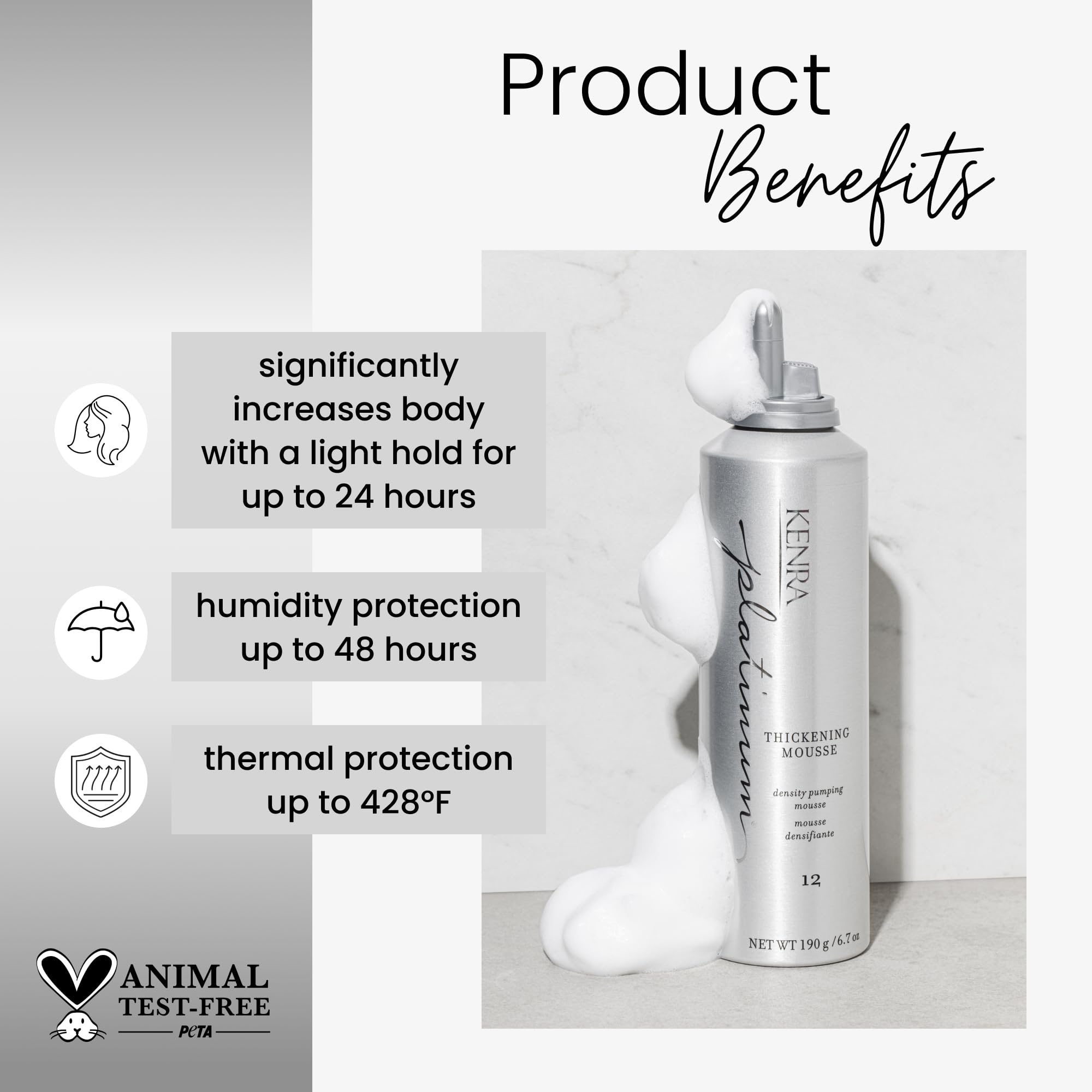 Kenra Platinum Thickening Mousse bottle pour in 2-pack for quick, even distribution.