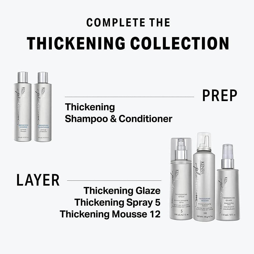 Kenra Platinum Thickening Shampoo bottle close-up emphasizes color-safe, sulfate-free formula.