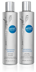Kenra Platinum Thickening Shampoo bottle pour demonstrates weightless lift and dimension.