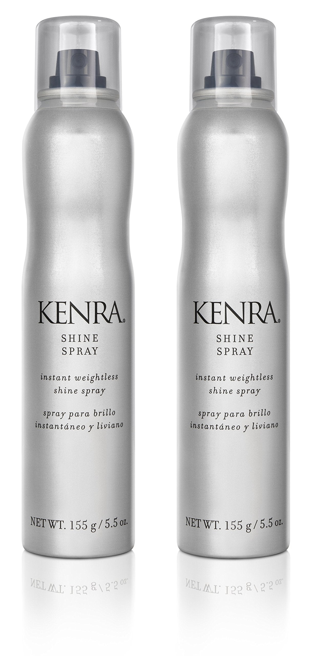 Kenra Shine Spray bottle closeup showing weightless shine and color protection.