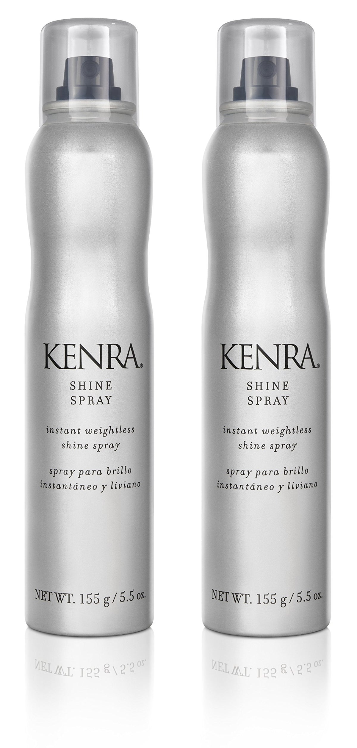 Kenra Shine Spray bottle closeup showing weightless shine and color protection.
