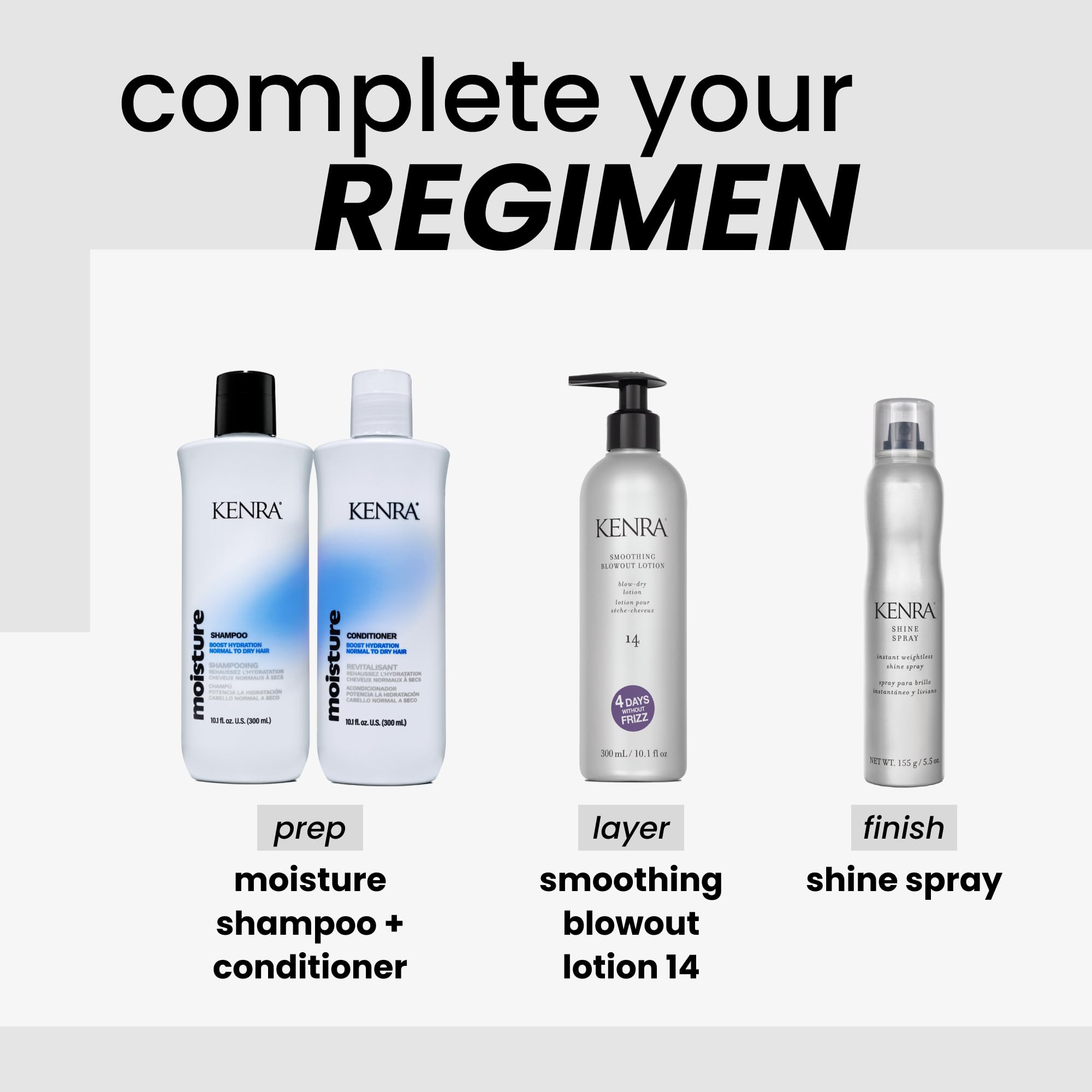 Kenra Shine Spray action shot highlights frizz reduction during humidity.