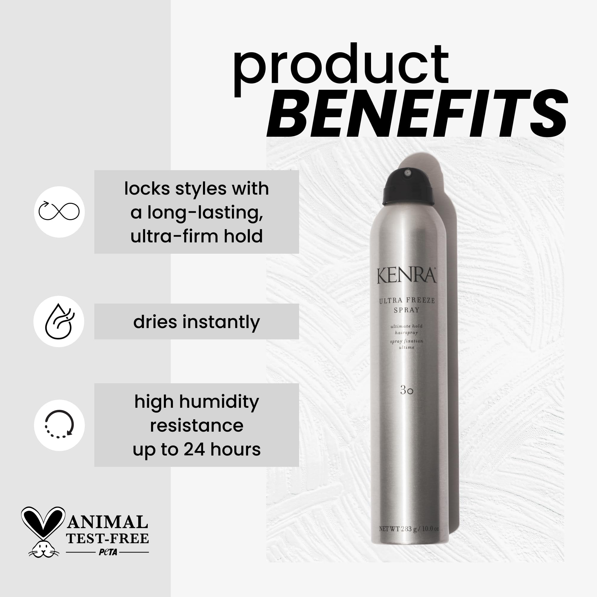 Kenra Ultra Freeze Spray 30 dispersion mist enables quick drying and even coverage.