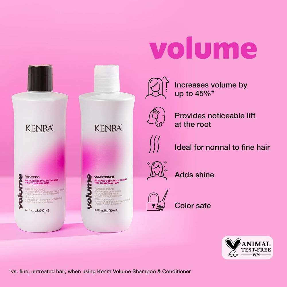 Kenra Volume Conditioner bottle front highlights detangling and lightweight hydration for fine hair.