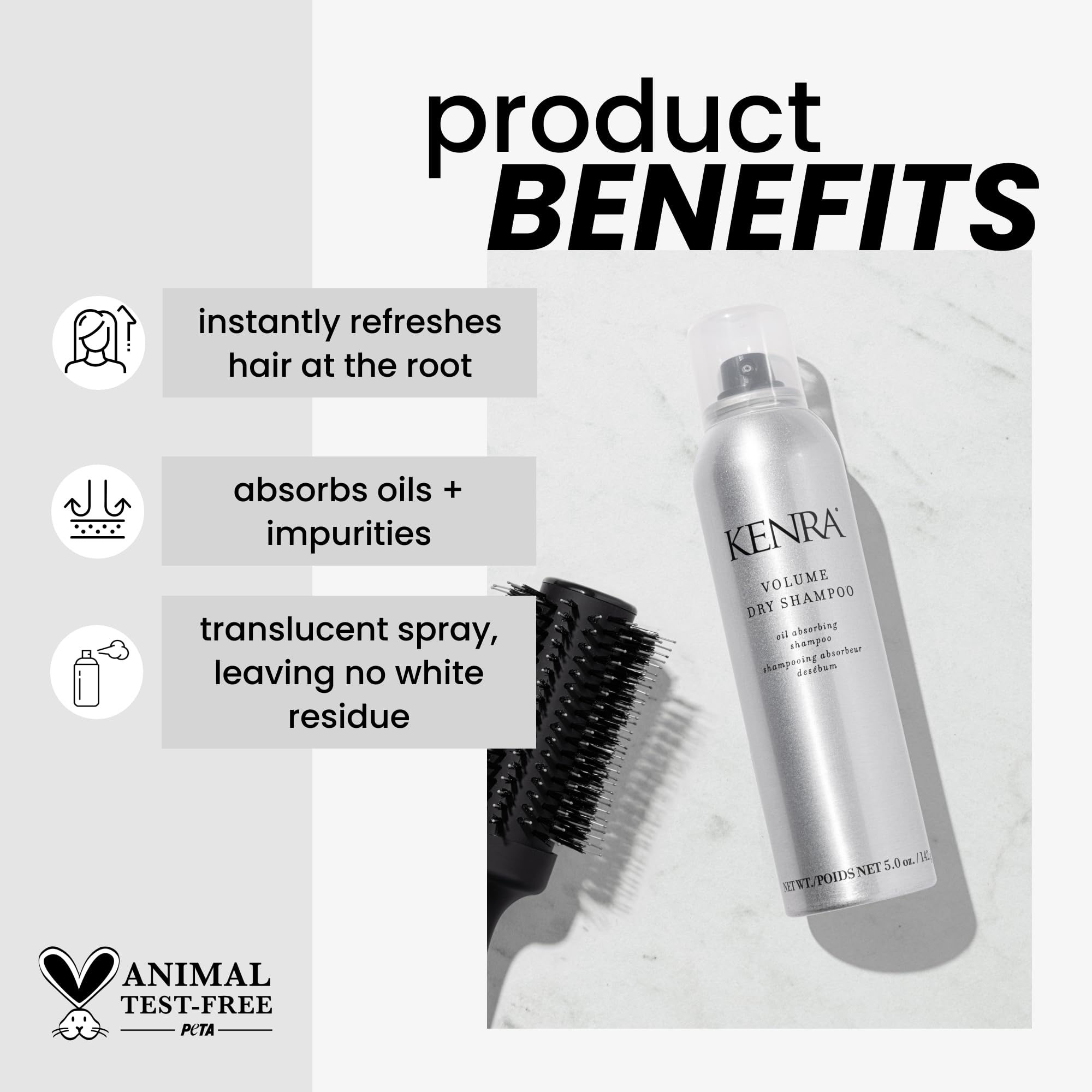 Kenra Volume Dry Shampoo bottle-side illustrates quick root refresh between washes.