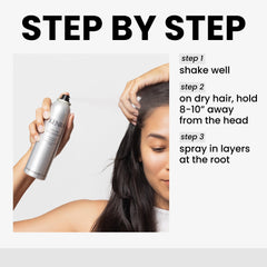 Kenra Volume Dry Shampoo spray-application close-up highlights oil absorption.
