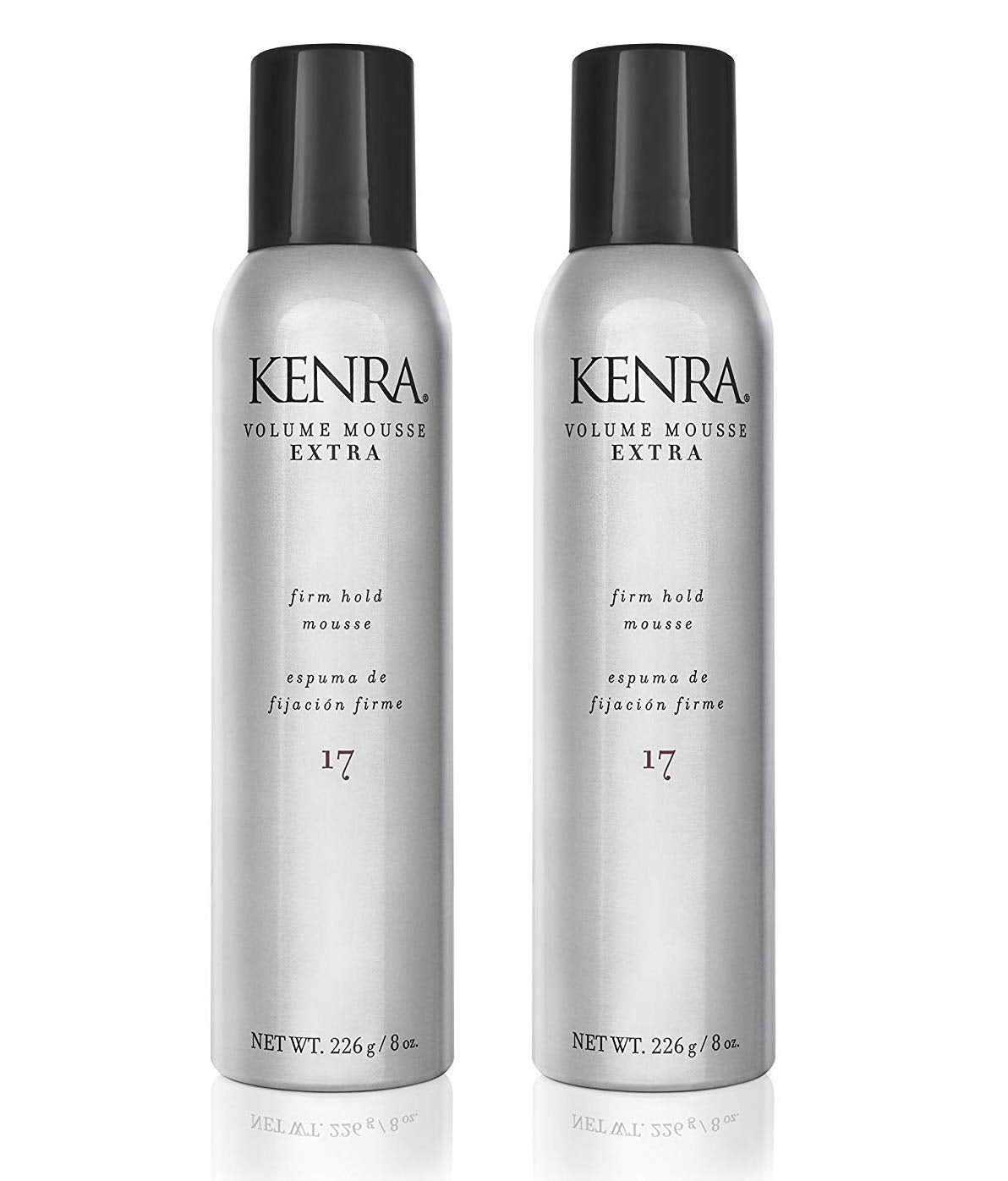 Kenra Volume Mousse Extra 17 bottle on vanity with gentle hold