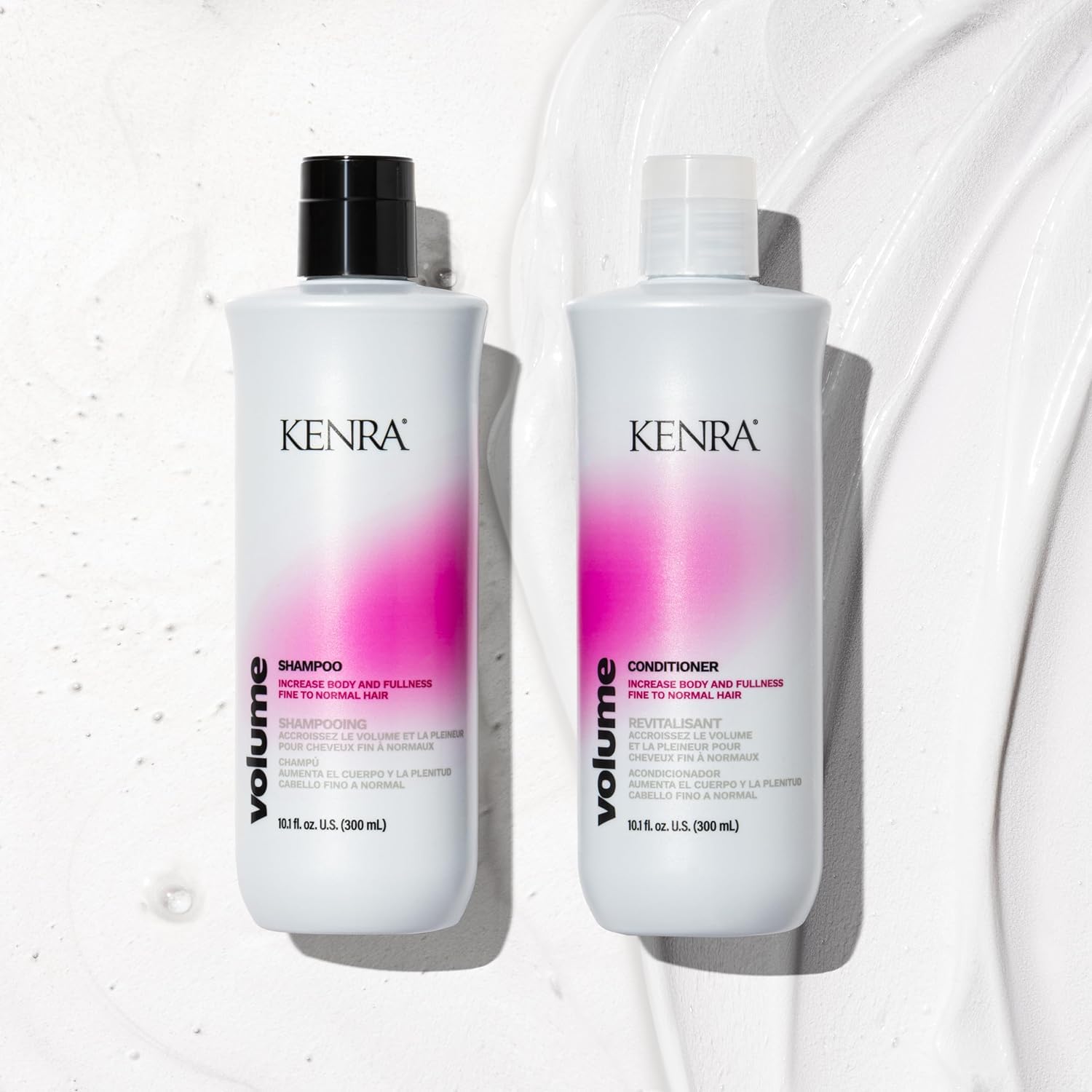 Kenra Volume Shampoo bottle closeup foam demonstrates luxurious lather for added body.
